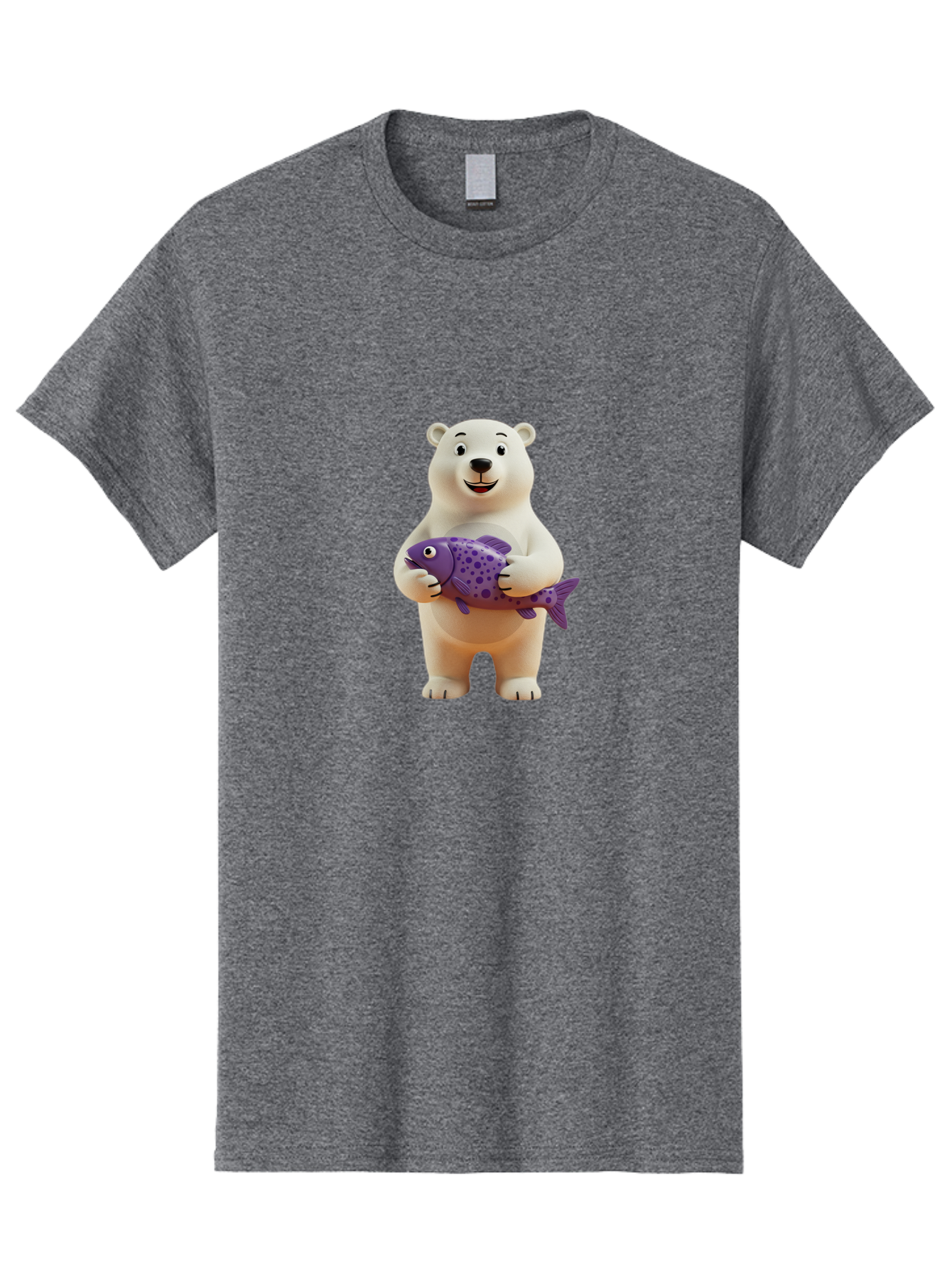 Polar-Bear-With-Purple-Fish Men'S Graphic Tee, 100% Cotton, Comfortable Casual Summer Wear, Machine Washable, Cartoon Polar Bear Holding Fish, Cute Animal, Digital Illustration, Purple Fish With Spots, Smiling Bear, Friendly Character, Bae678