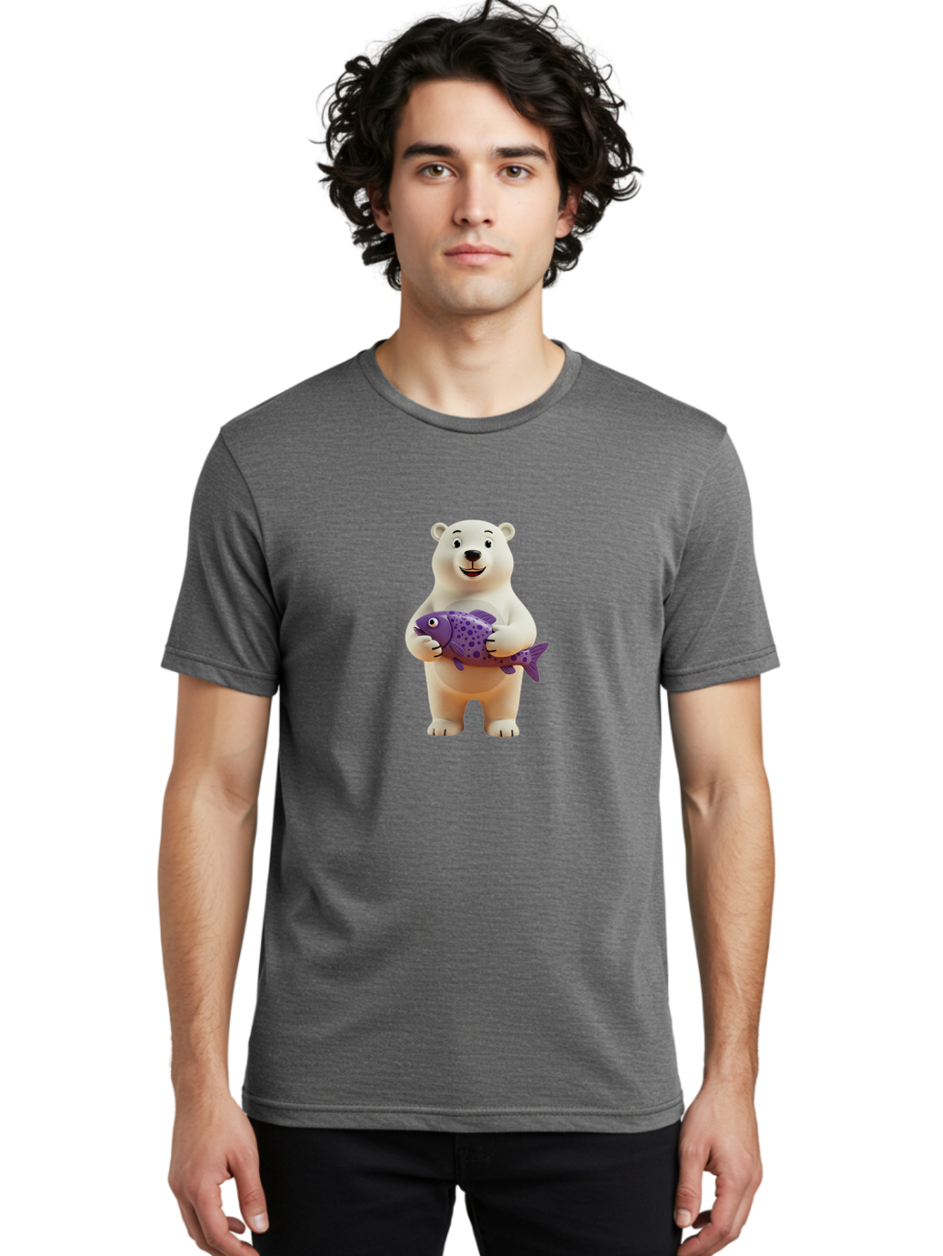 Polar-Bear-With-Purple-Fish Men'S Graphic Tee, 100% Cotton, Comfortable Casual Summer Wear, Machine Washable, Cartoon Polar Bear Holding Fish, Cute Animal, Digital Illustration, Purple Fish With Spots, Smiling Bear, Friendly Character, Bae678