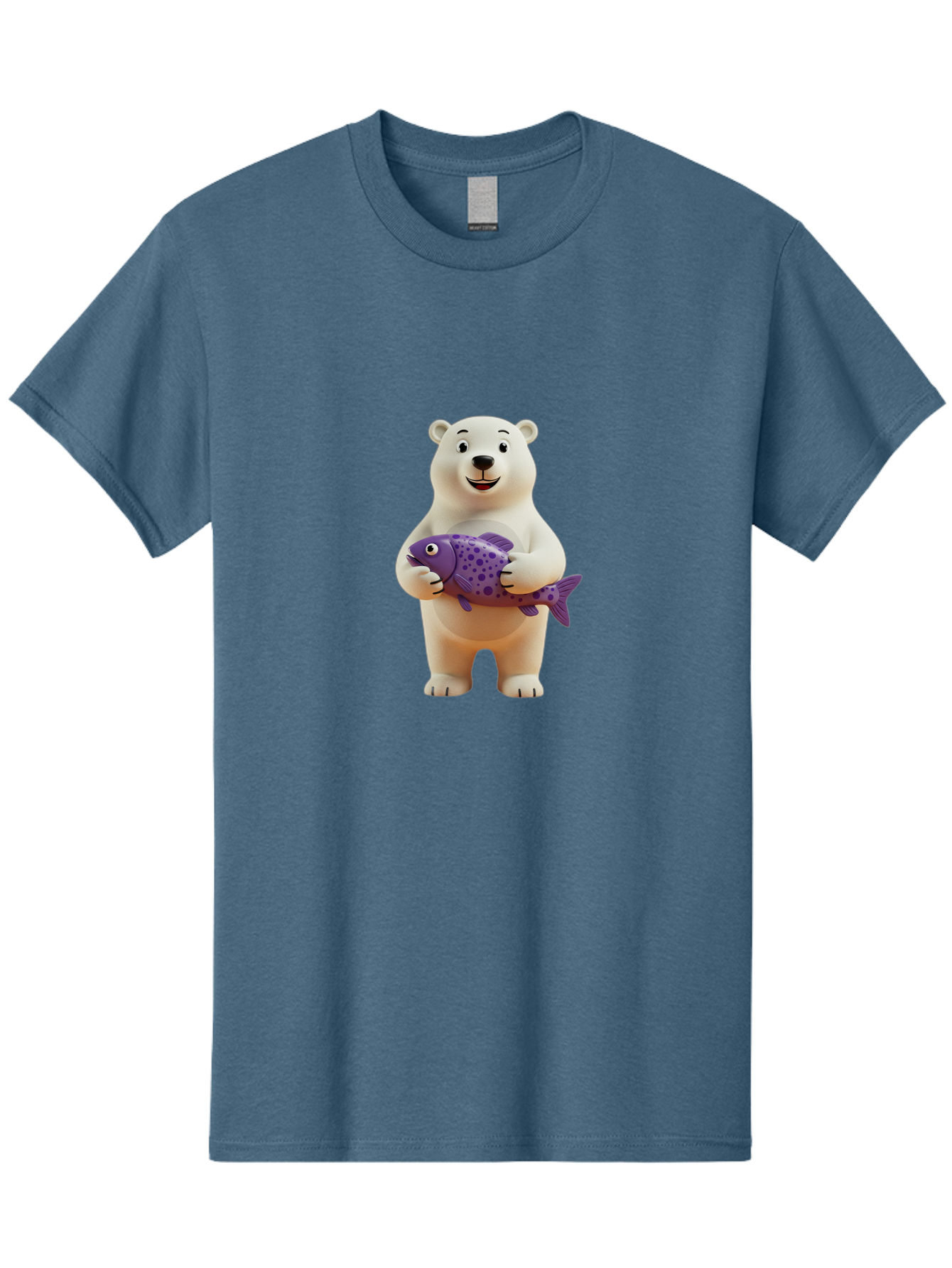 Polar-Bear-With-Purple-Fish Men'S Graphic Tee, 100% Cotton, Comfortable Casual Summer Wear, Machine Washable, Cartoon Polar Bear Holding Fish, Cute Animal, Digital Illustration, Purple Fish With Spots, Smiling Bear, Friendly Character, Bae678