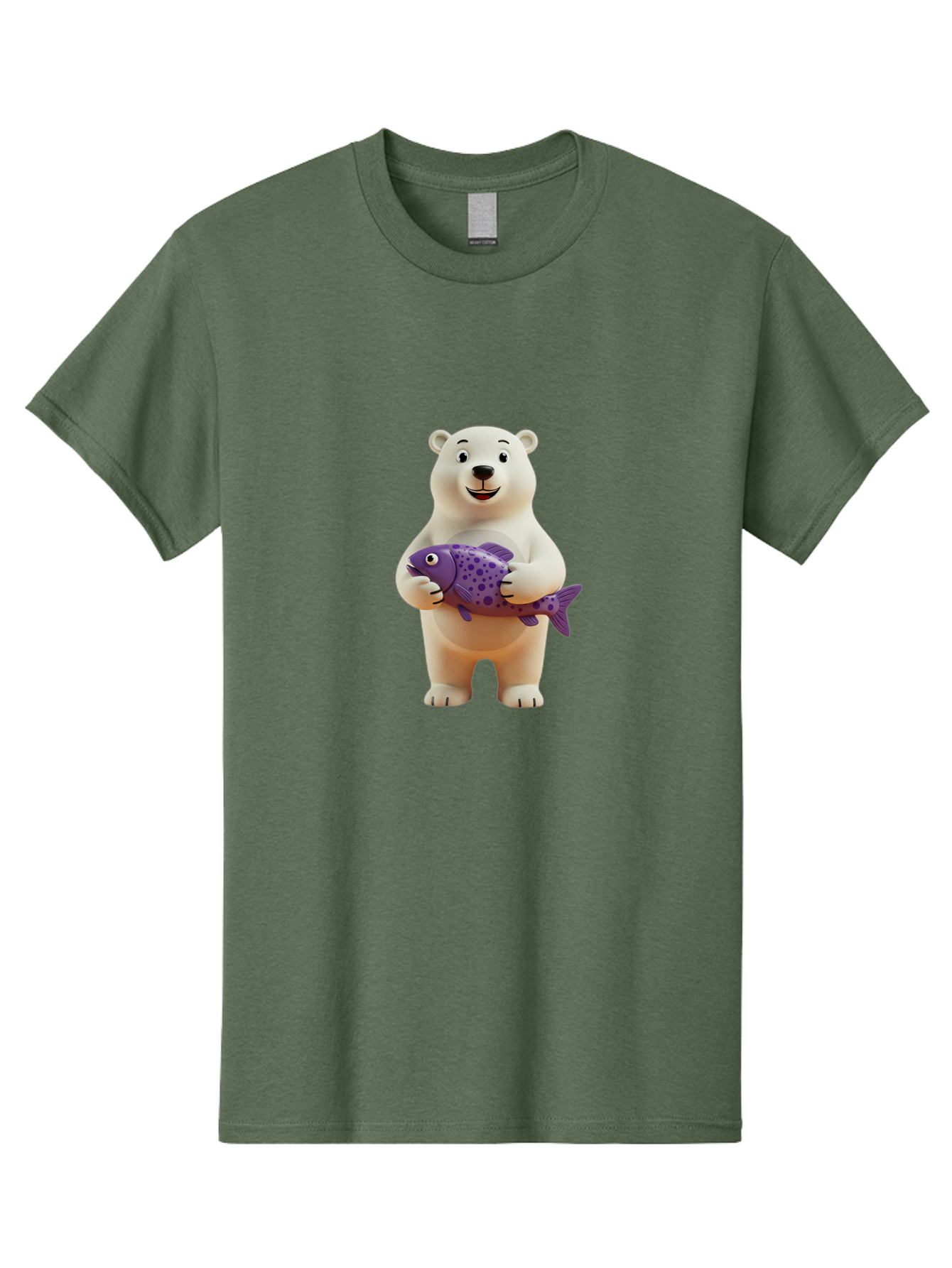 Polar-Bear-With-Purple-Fish Men'S Graphic Tee, 100% Cotton, Comfortable Casual Summer Wear, Machine Washable, Cartoon Polar Bear Holding Fish, Cute Animal, Digital Illustration, Purple Fish With Spots, Smiling Bear, Friendly Character, Bae678