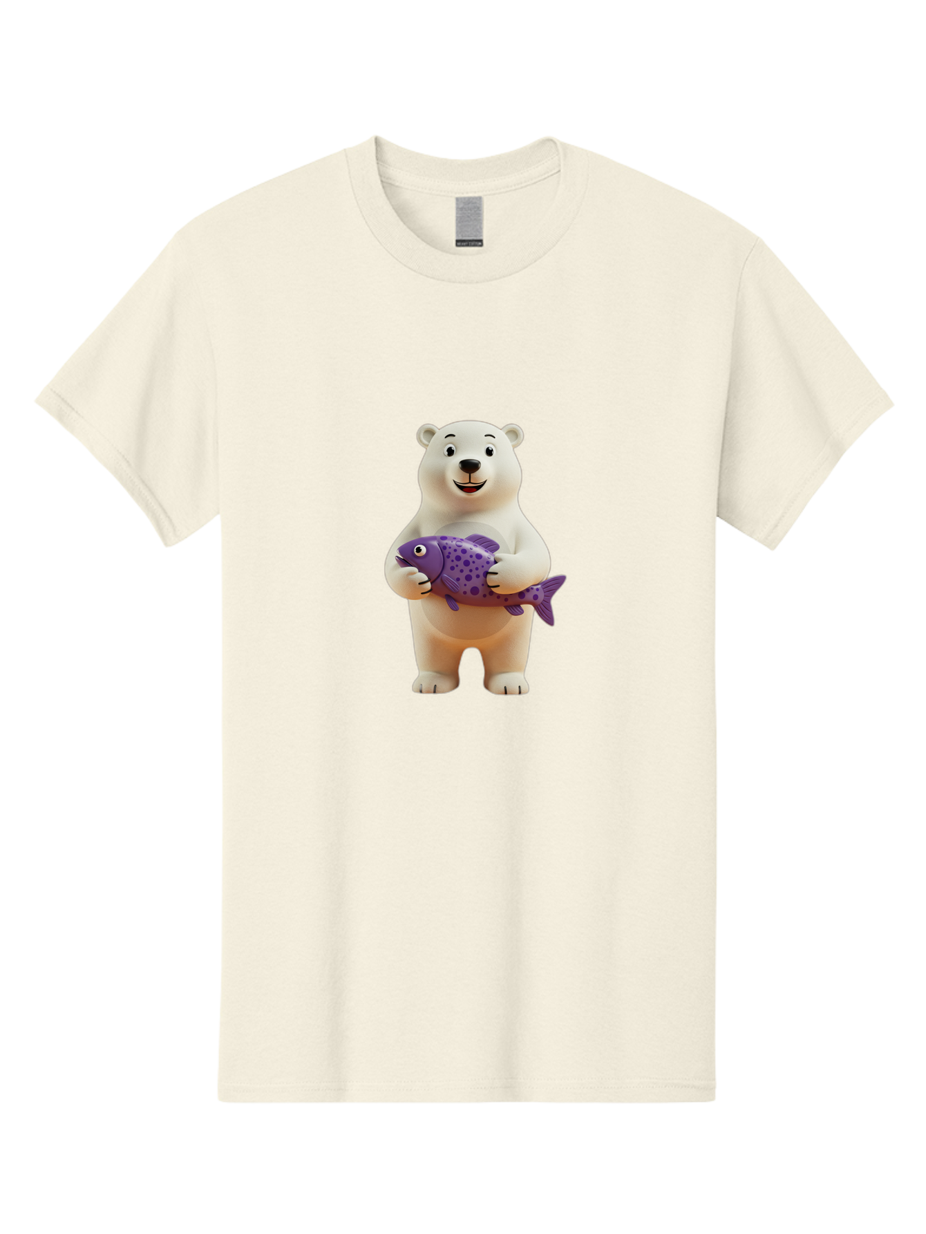 Polar-Bear-With-Purple-Fish Men'S Graphic Tee, 100% Cotton, Comfortable Casual Summer Wear, Machine Washable, Cartoon Polar Bear Holding Fish, Cute Animal, Digital Illustration, Purple Fish With Spots, Smiling Bear, Friendly Character, Bae678