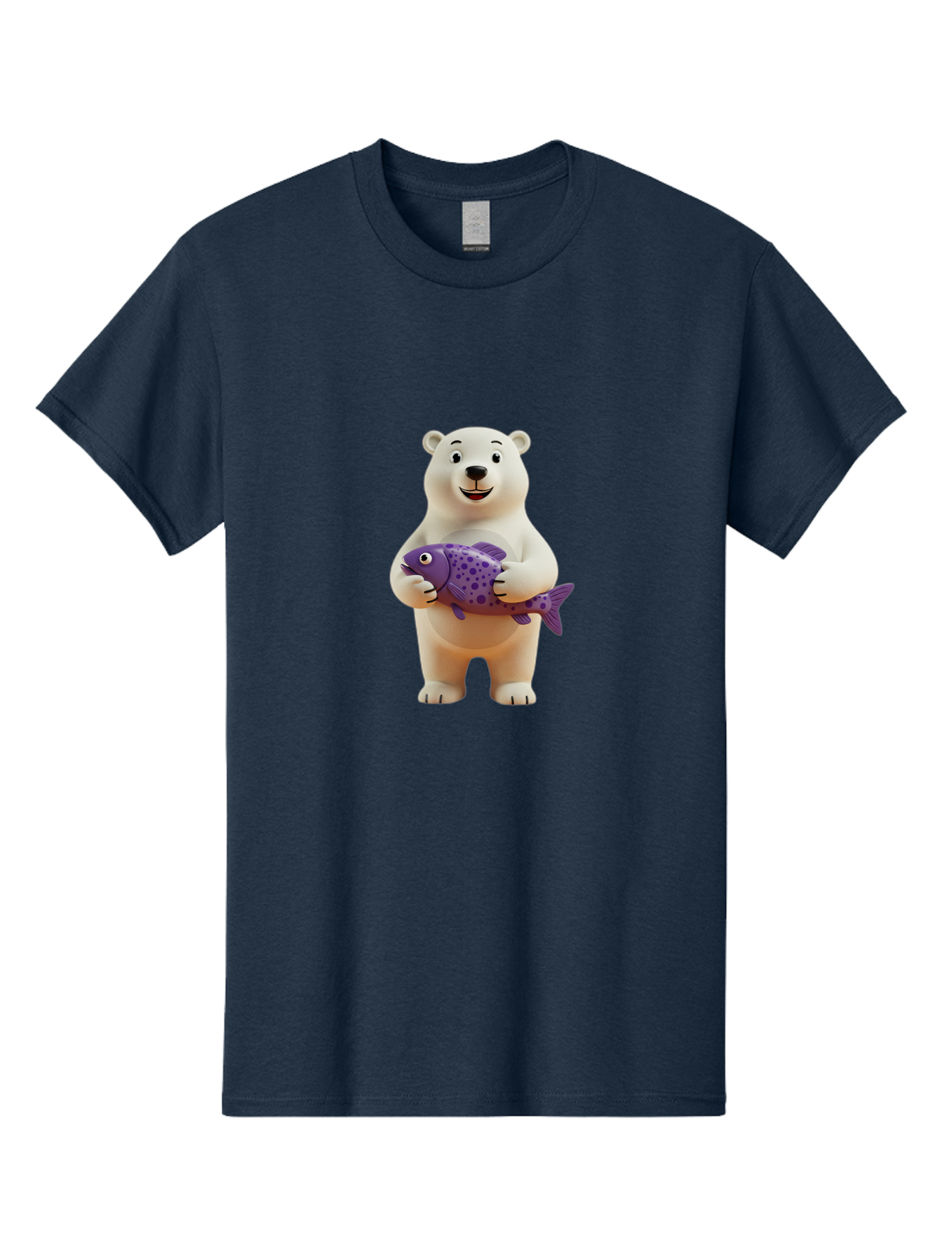 Polar-Bear-With-Purple-Fish Men'S Graphic Tee, 100% Cotton, Comfortable Casual Summer Wear, Machine Washable, Cartoon Polar Bear Holding Fish, Cute Animal, Digital Illustration, Purple Fish With Spots, Smiling Bear, Friendly Character, Bae678