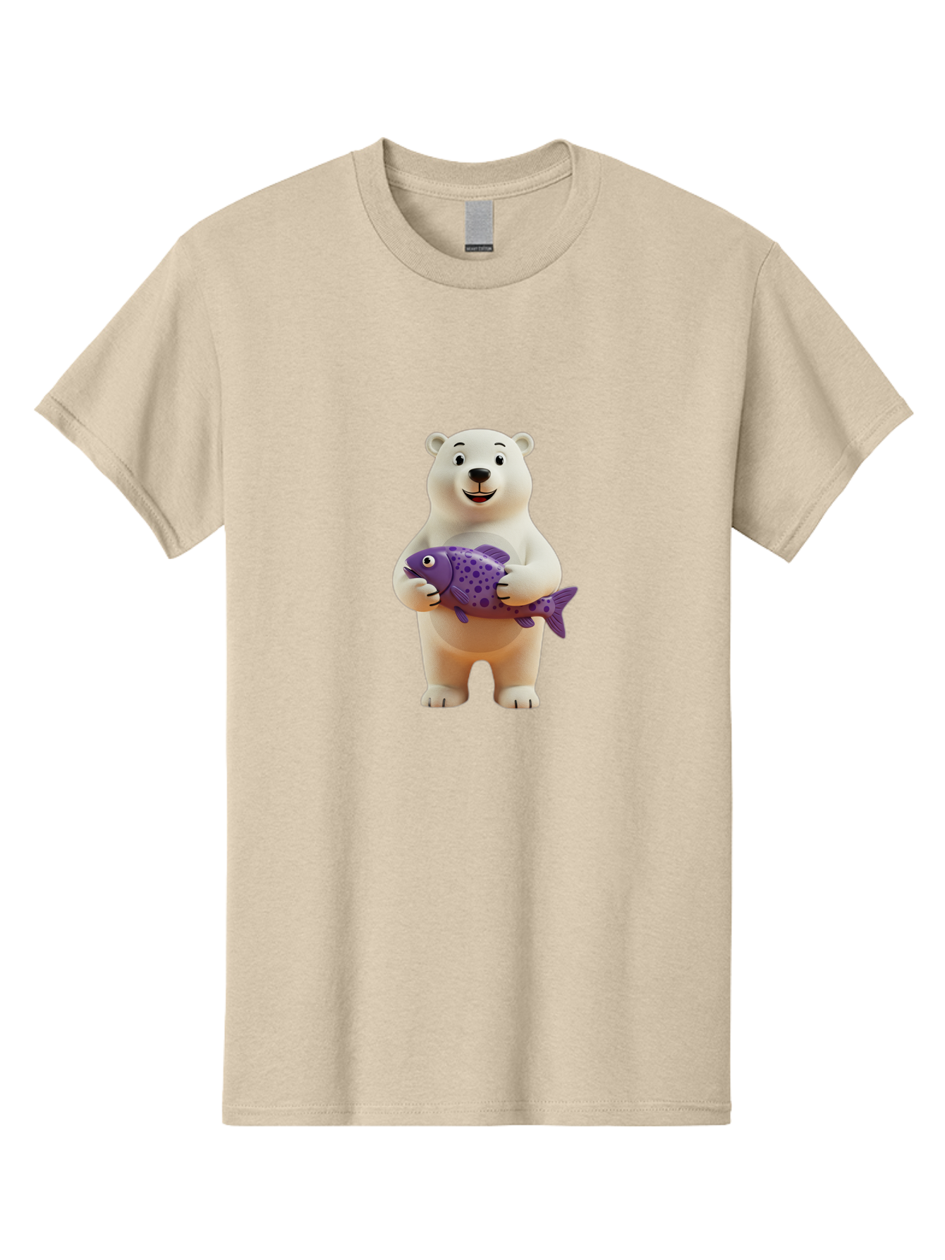 Polar-Bear-With-Purple-Fish Men'S Graphic Tee, 100% Cotton, Comfortable Casual Summer Wear, Machine Washable, Cartoon Polar Bear Holding Fish, Cute Animal, Digital Illustration, Purple Fish With Spots, Smiling Bear, Friendly Character, Bae678