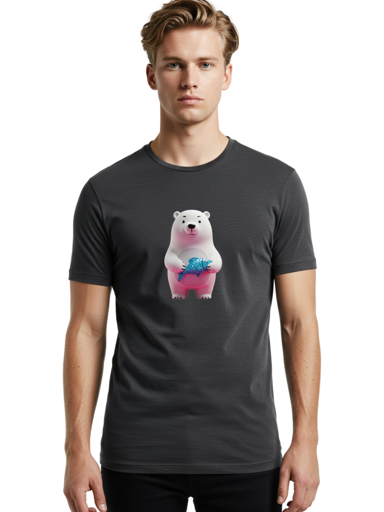 Polar-Bear Men'S Graphic Tee, 100% Cotton, Comfortable Casual Summer Wear, Machine Washable, White Polar Bear, Blue Fish, Cartoon Character, 3D Illustration, Playful Scene, Cute Bear, Underwater Friend, Sea Creature, Adorable, Childlike Charm, Bae679