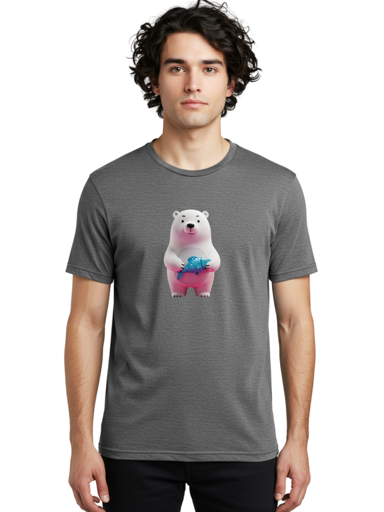 Polar-Bear Men'S Graphic Tee, 100% Cotton, Comfortable Casual Summer Wear, Machine Washable, White Polar Bear, Blue Fish, Cartoon Character, 3D Illustration, Playful Scene, Cute Bear, Underwater Friend, Sea Creature, Adorable, Childlike Charm, Bae679