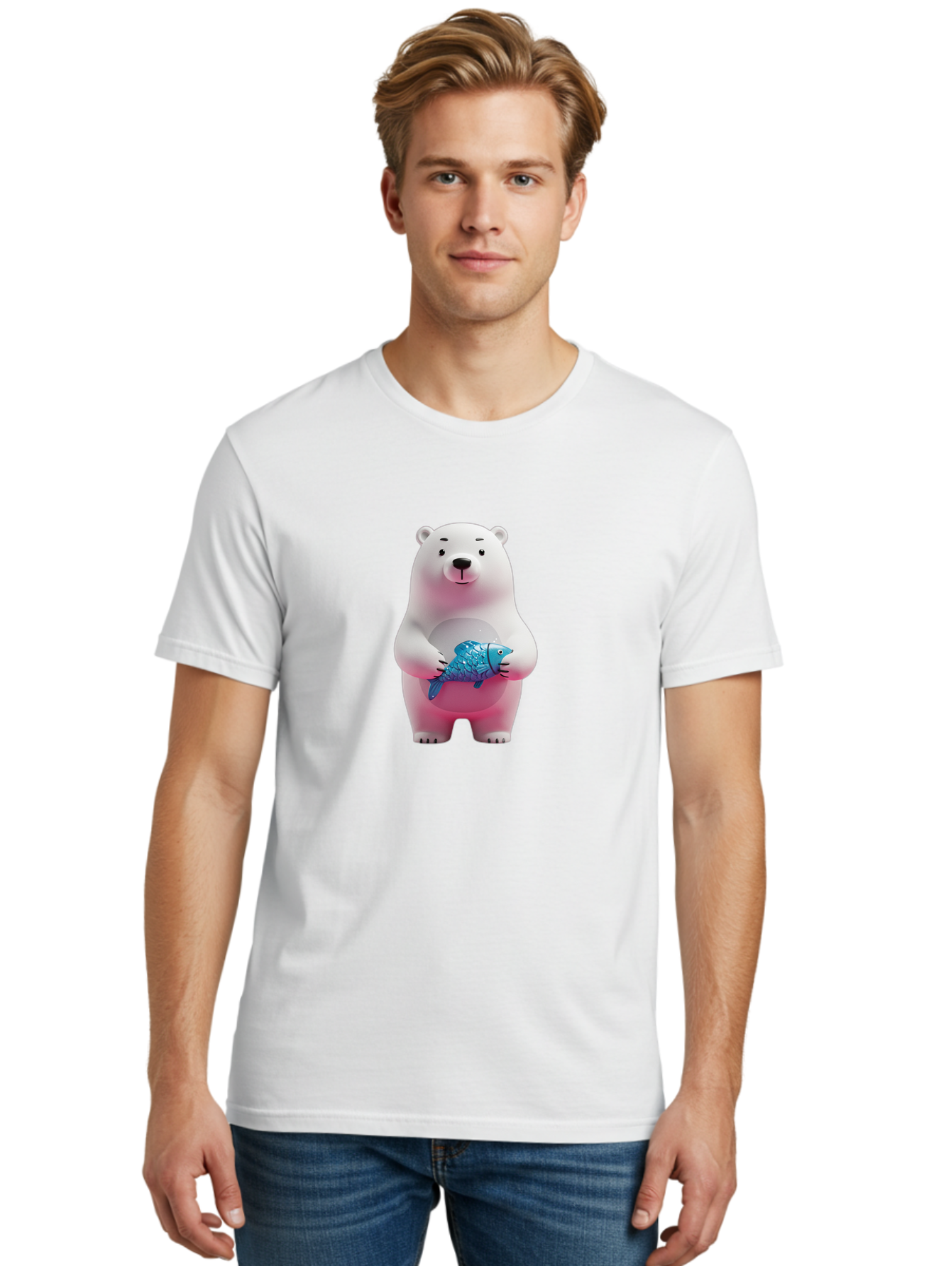 Polar-Bear Men'S Graphic Tee, 100% Cotton, Comfortable Casual Summer Wear, Machine Washable, White Polar Bear, Blue Fish, Cartoon Character, 3D Illustration, Playful Scene, Cute Bear, Underwater Friend, Sea Creature, Adorable, Childlike Charm, Bae679