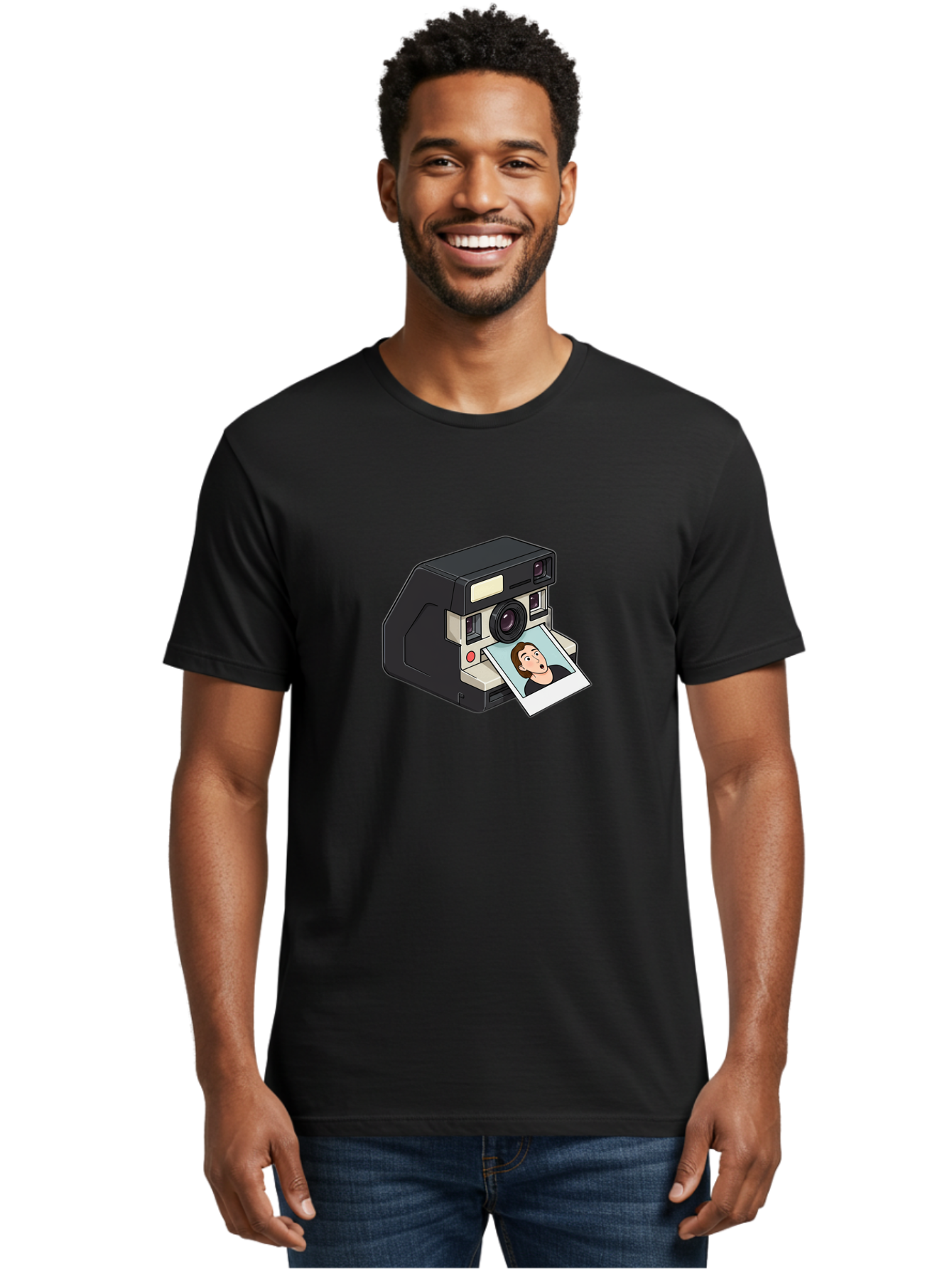Polaroid-Camera-3 Men'S Graphic Tee, 100% Cotton, Comfortable Casual Summer Wear, Machine Washable, Vintage Camera, Instant Photography, Retro Style, Shocked Expression, Cartoon Character, Nostalgic Feel, Casual Portrait, Surprised Face, Bae683