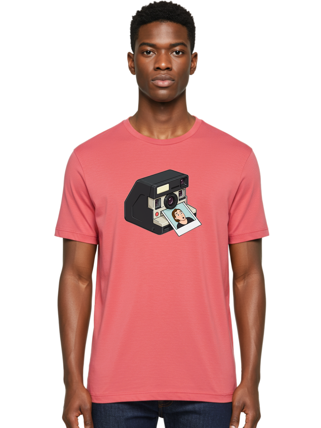 Polaroid-Camera-3 Men'S Graphic Tee, 100% Cotton, Comfortable Casual Summer Wear, Machine Washable, Vintage Camera, Instant Photography, Retro Style, Shocked Expression, Cartoon Character, Nostalgic Feel, Casual Portrait, Surprised Face, Bae683