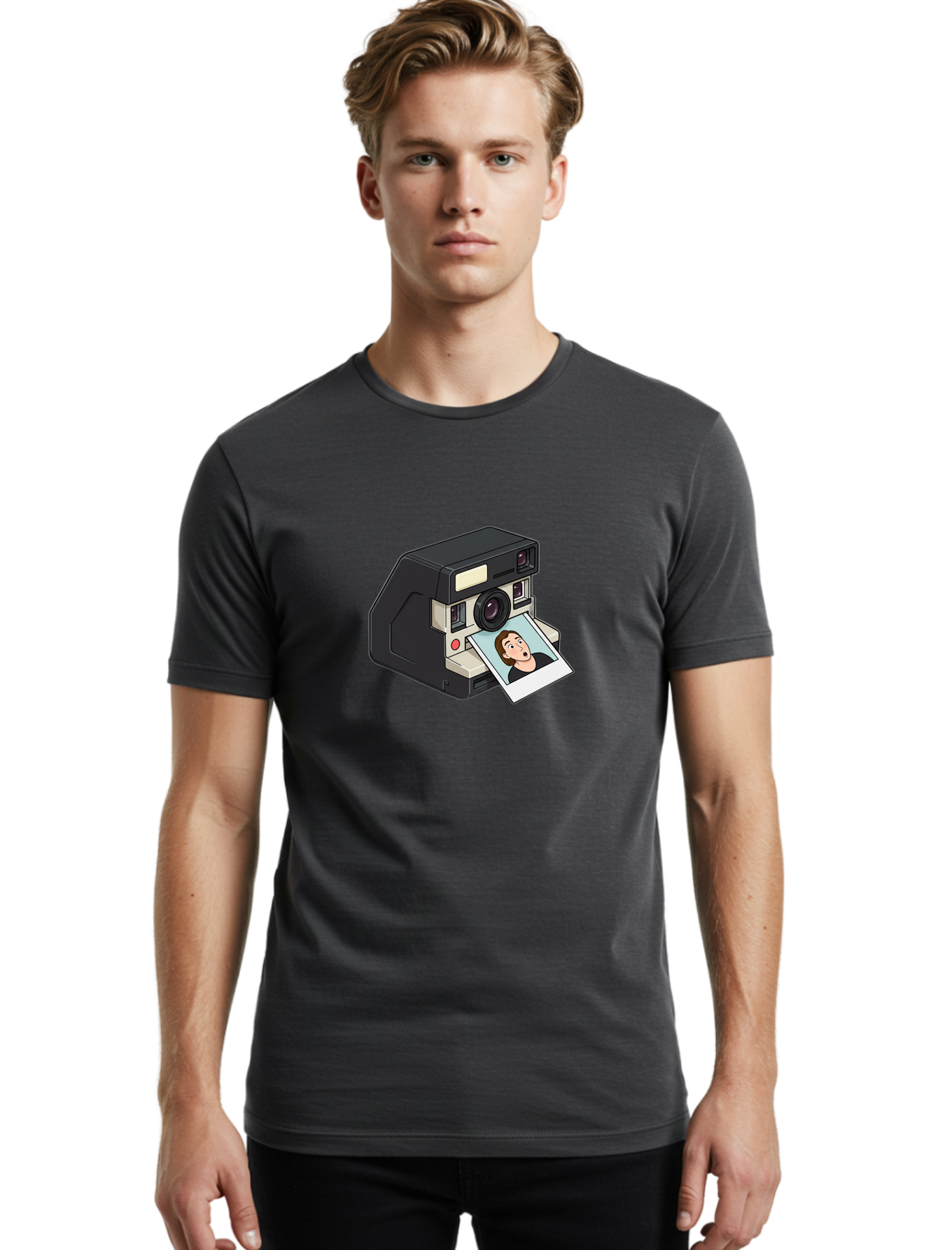 Polaroid-Camera-3 Men'S Graphic Tee, 100% Cotton, Comfortable Casual Summer Wear, Machine Washable, Vintage Camera, Instant Photography, Retro Style, Shocked Expression, Cartoon Character, Nostalgic Feel, Casual Portrait, Surprised Face, Bae683