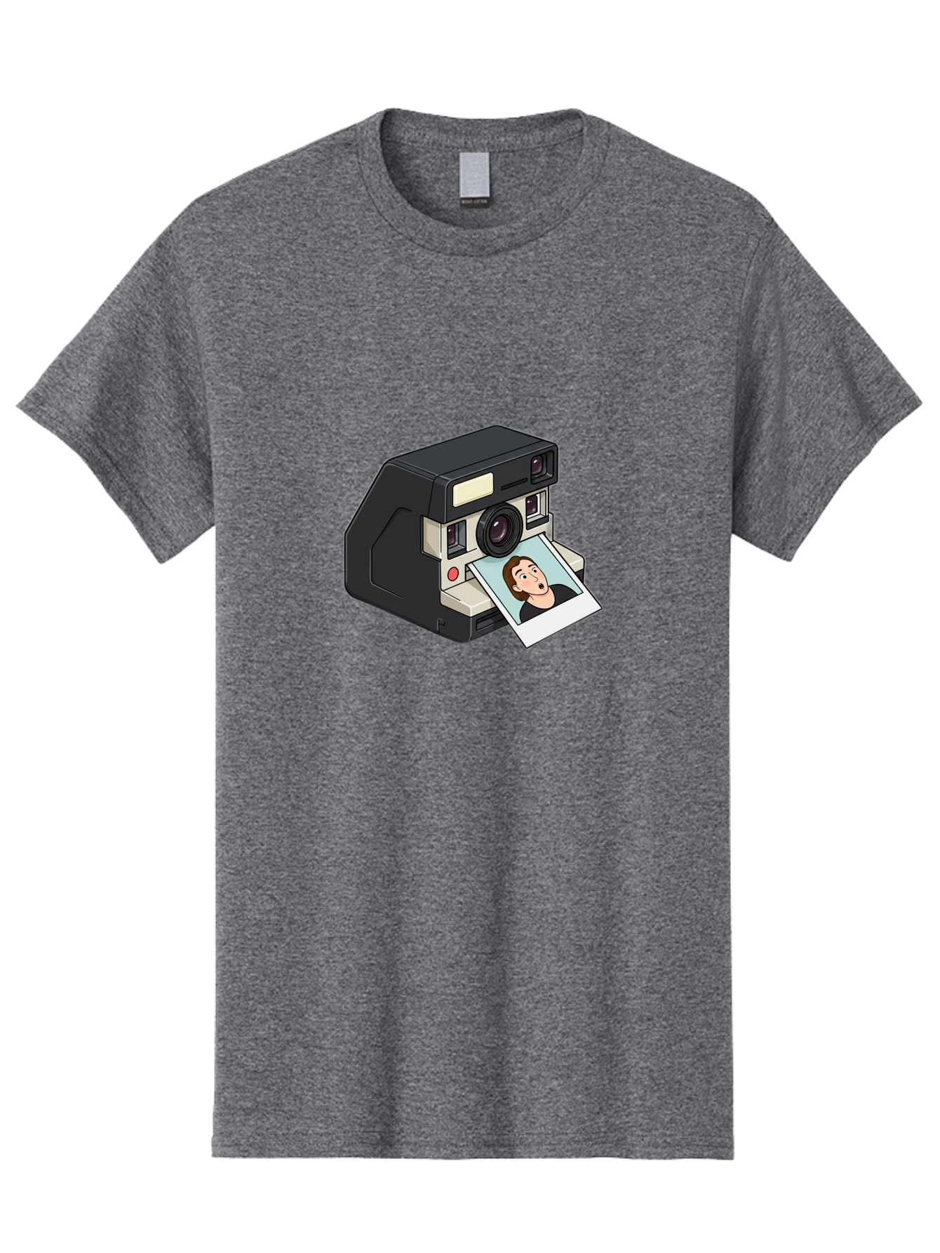 Polaroid-Camera-3 Men'S Graphic Tee, 100% Cotton, Comfortable Casual Summer Wear, Machine Washable, Vintage Camera, Instant Photography, Retro Style, Shocked Expression, Cartoon Character, Nostalgic Feel, Casual Portrait, Surprised Face, Bae683
