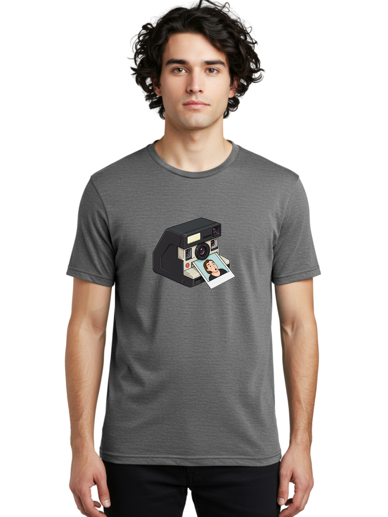 Polaroid-Camera-3 Men'S Graphic Tee, 100% Cotton, Comfortable Casual Summer Wear, Machine Washable, Vintage Camera, Instant Photography, Retro Style, Shocked Expression, Cartoon Character, Nostalgic Feel, Casual Portrait, Surprised Face, Bae683