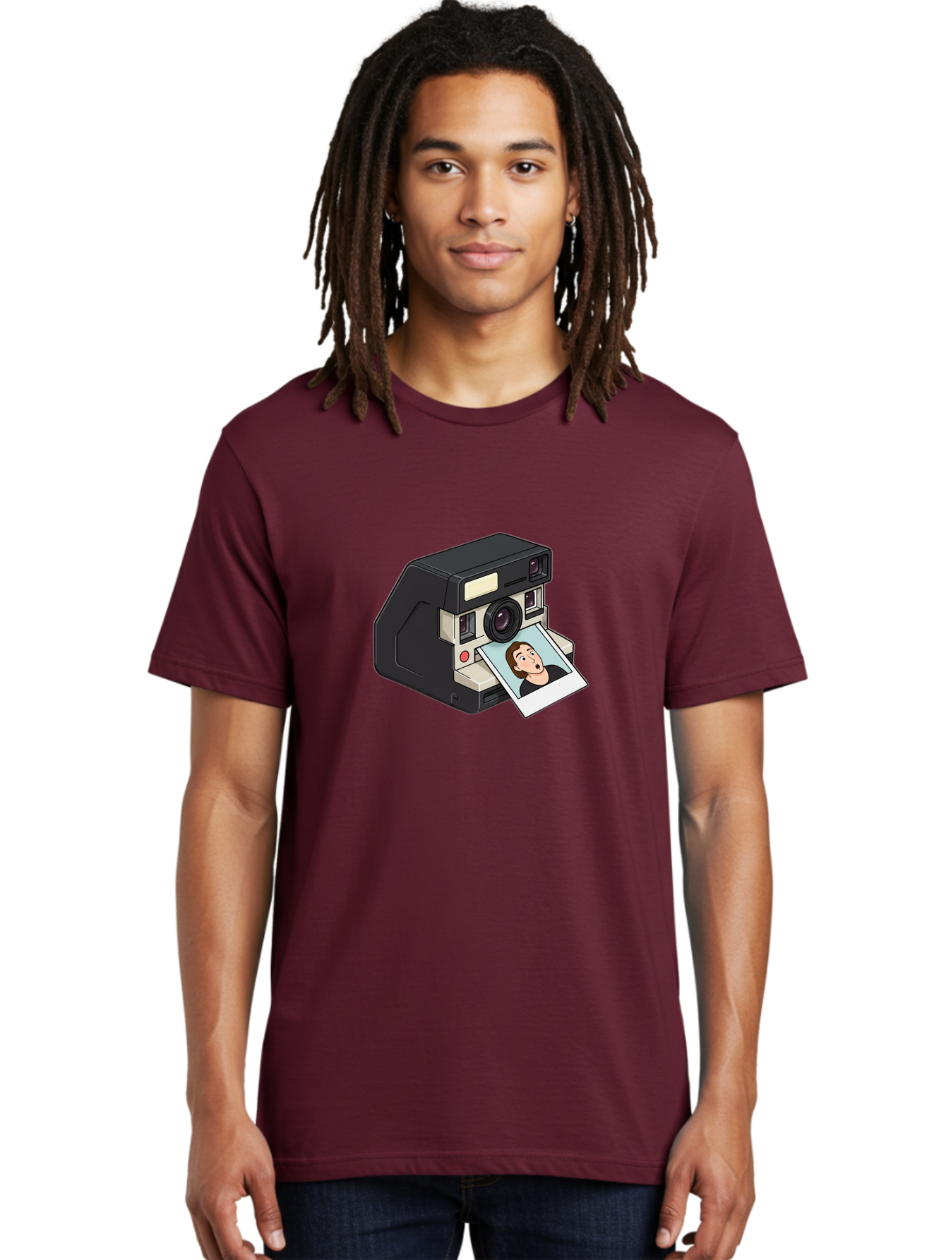 Polaroid-Camera-3 Men'S Graphic Tee, 100% Cotton, Comfortable Casual Summer Wear, Machine Washable, Vintage Camera, Instant Photography, Retro Style, Shocked Expression, Cartoon Character, Nostalgic Feel, Casual Portrait, Surprised Face, Bae683