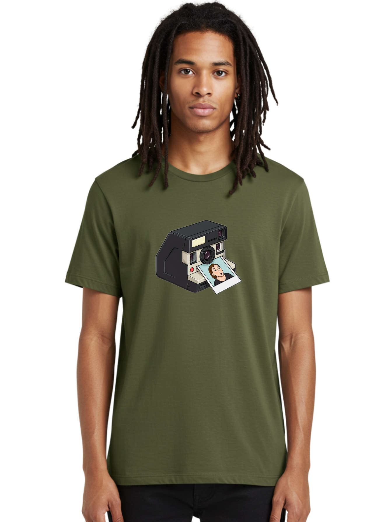 Polaroid-Camera-3 Men'S Graphic Tee, 100% Cotton, Comfortable Casual Summer Wear, Machine Washable, Vintage Camera, Instant Photography, Retro Style, Shocked Expression, Cartoon Character, Nostalgic Feel, Casual Portrait, Surprised Face, Bae683