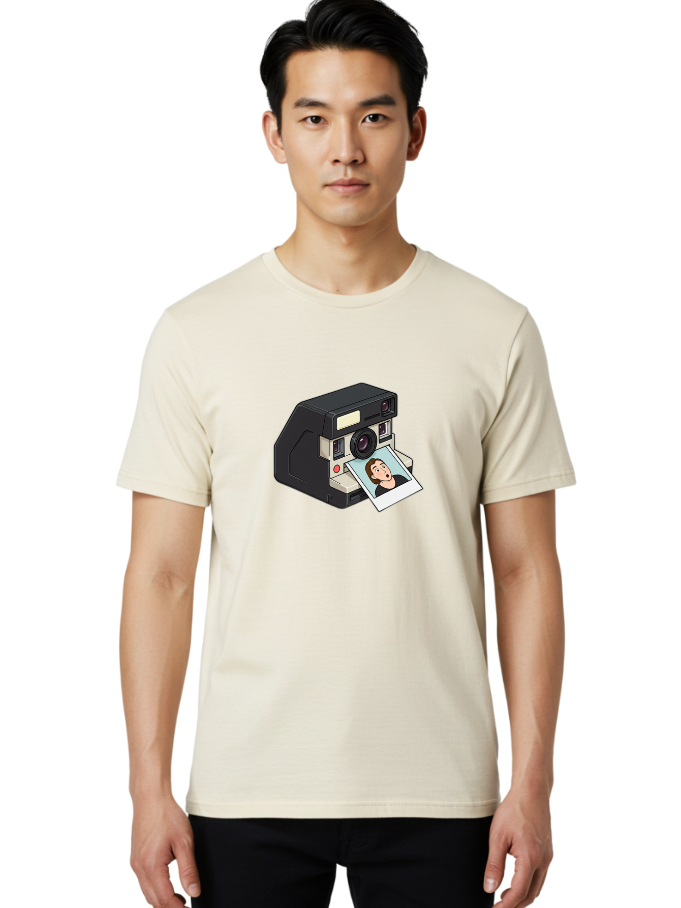 Polaroid-Camera-3 Men'S Graphic Tee, 100% Cotton, Comfortable Casual Summer Wear, Machine Washable, Vintage Camera, Instant Photography, Retro Style, Shocked Expression, Cartoon Character, Nostalgic Feel, Casual Portrait, Surprised Face, Bae683