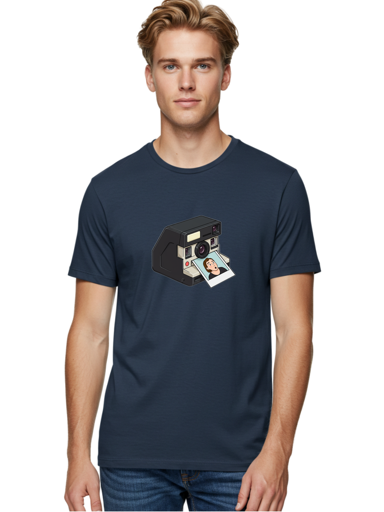 Polaroid-Camera-3 Men'S Graphic Tee, 100% Cotton, Comfortable Casual Summer Wear, Machine Washable, Vintage Camera, Instant Photography, Retro Style, Shocked Expression, Cartoon Character, Nostalgic Feel, Casual Portrait, Surprised Face, Bae683