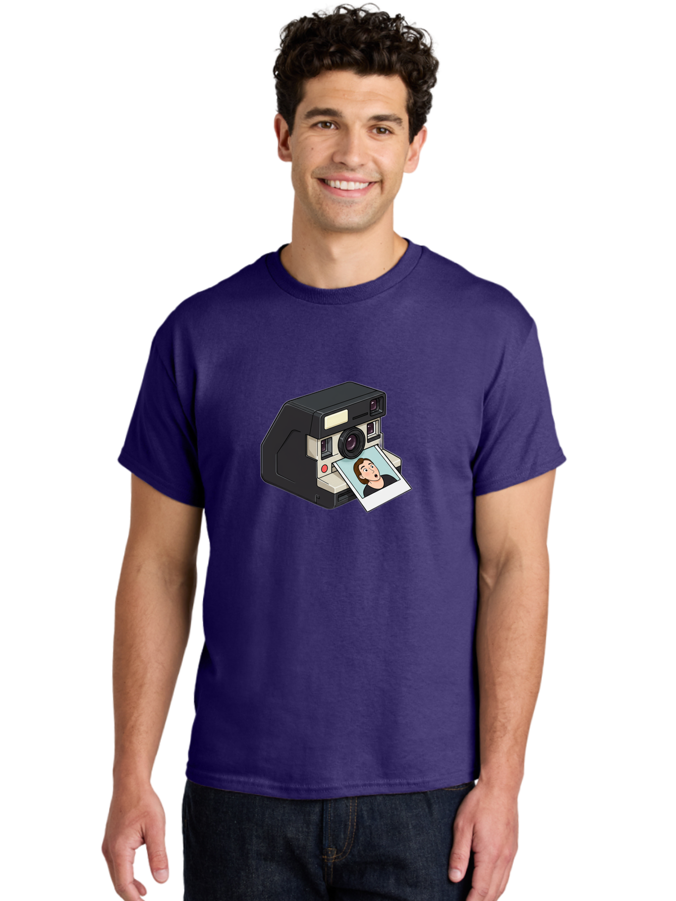 Polaroid-Camera-3 Men'S Graphic Tee, 100% Cotton, Comfortable Casual Summer Wear, Machine Washable, Vintage Camera, Instant Photography, Retro Style, Shocked Expression, Cartoon Character, Nostalgic Feel, Casual Portrait, Surprised Face, Bae683