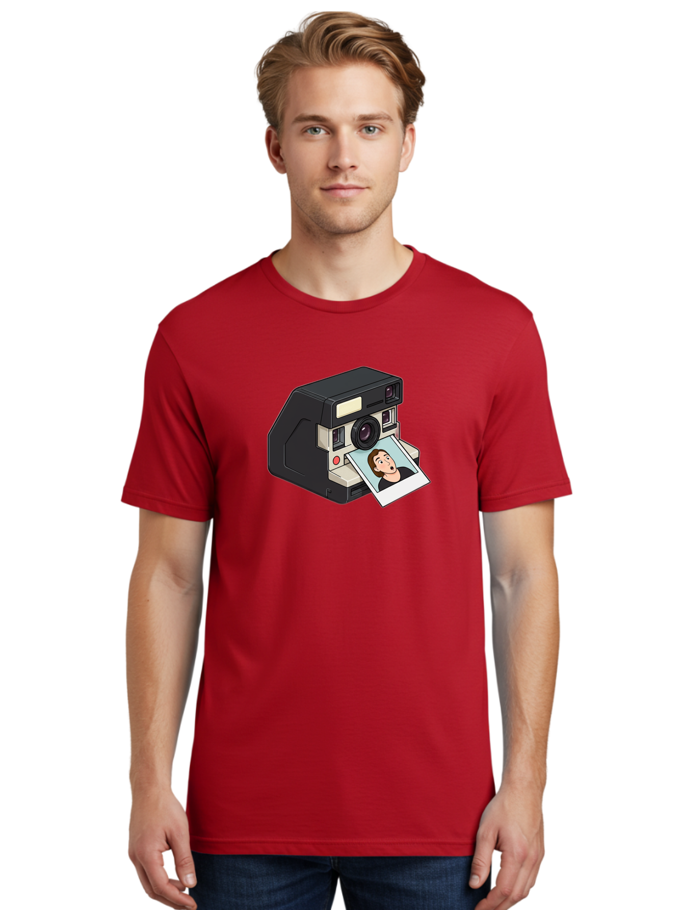 Polaroid-Camera-3 Men'S Graphic Tee, 100% Cotton, Comfortable Casual Summer Wear, Machine Washable, Vintage Camera, Instant Photography, Retro Style, Shocked Expression, Cartoon Character, Nostalgic Feel, Casual Portrait, Surprised Face, Bae683
