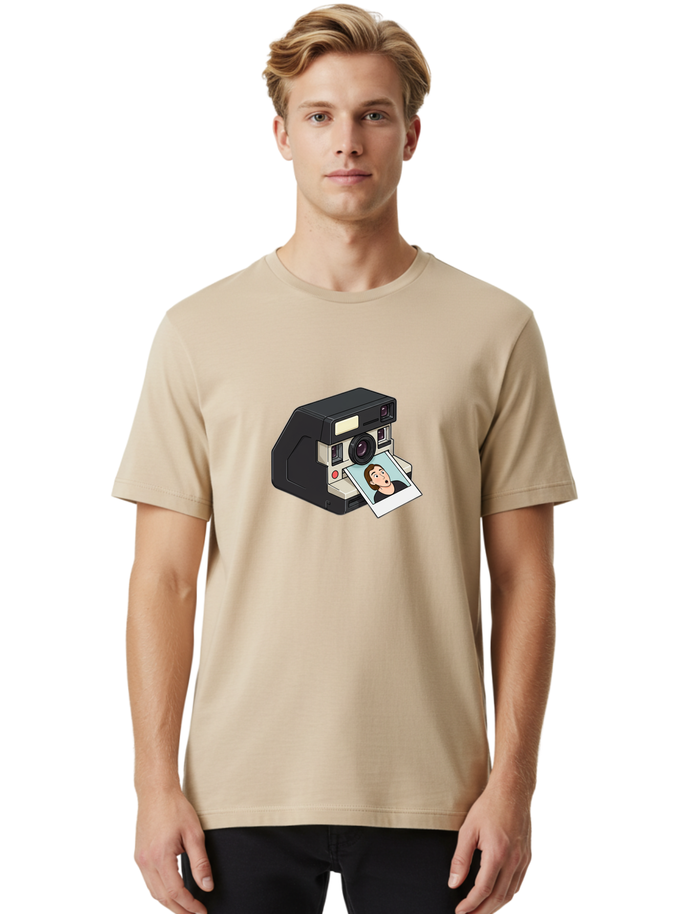 Polaroid-Camera-3 Men'S Graphic Tee, 100% Cotton, Comfortable Casual Summer Wear, Machine Washable, Vintage Camera, Instant Photography, Retro Style, Shocked Expression, Cartoon Character, Nostalgic Feel, Casual Portrait, Surprised Face, Bae683