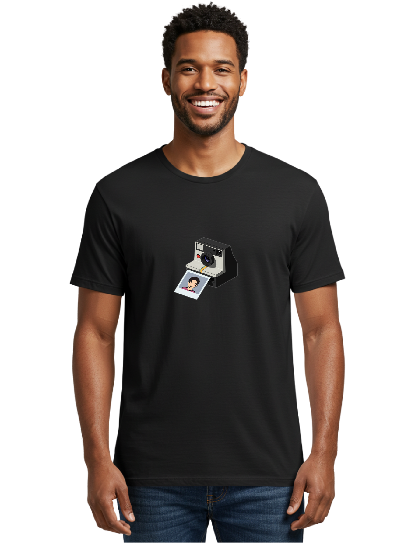 Polaroid-Camera-4 Men'S Graphic Tee, 100% Cotton, Comfortable Casual Summer Wear, Machine Washable, Polaroid Camera, Instant Photography, Retro Camera, Printed Photo, Smiling Man, Nostalgic Feel, Casual Portrait, Vintage Style Bae684