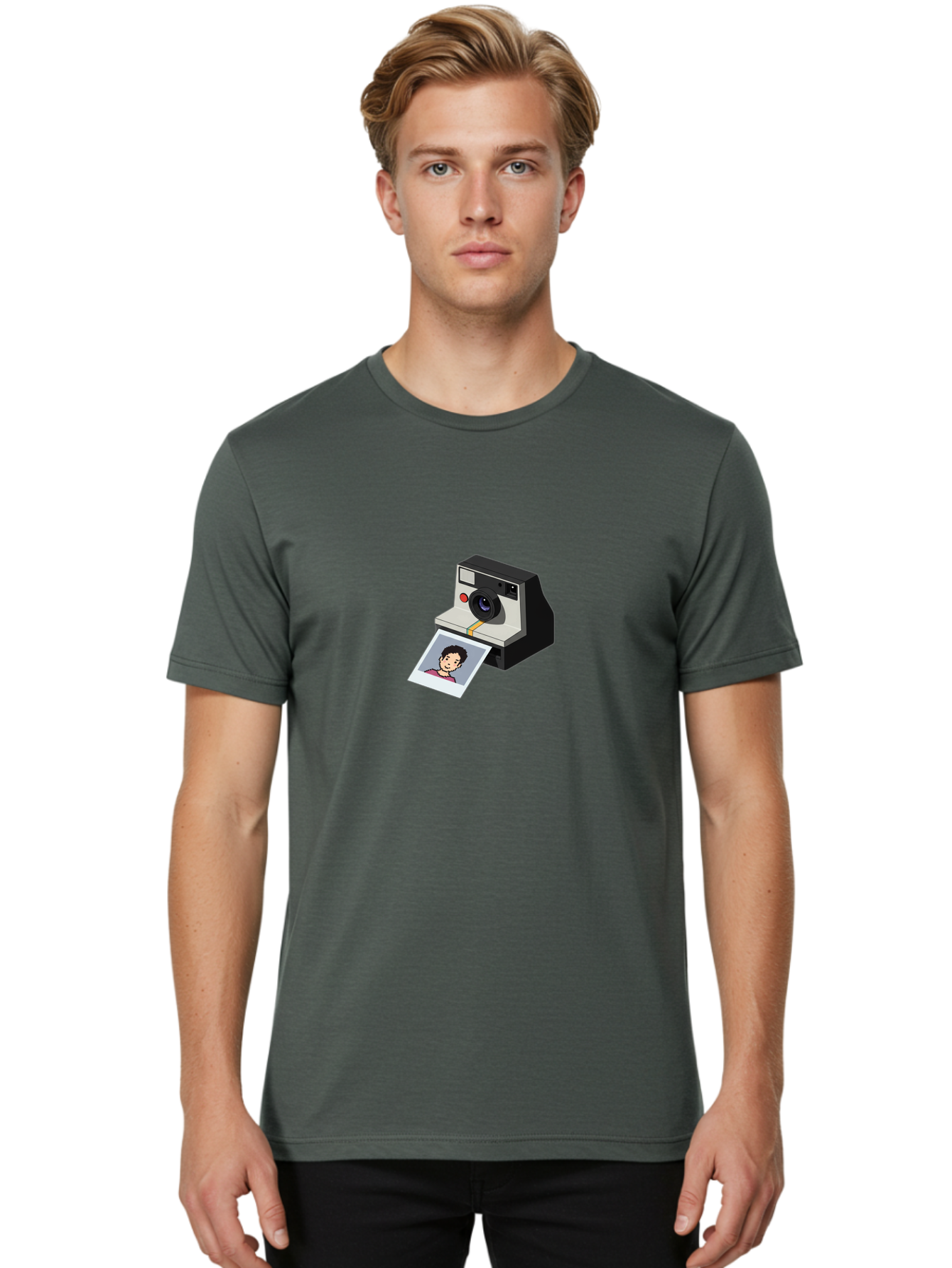 Polaroid-Camera-4 Men'S Graphic Tee, 100% Cotton, Comfortable Casual Summer Wear, Machine Washable, Polaroid Camera, Instant Photography, Retro Camera, Printed Photo, Smiling Man, Nostalgic Feel, Casual Portrait, Vintage Style Bae684