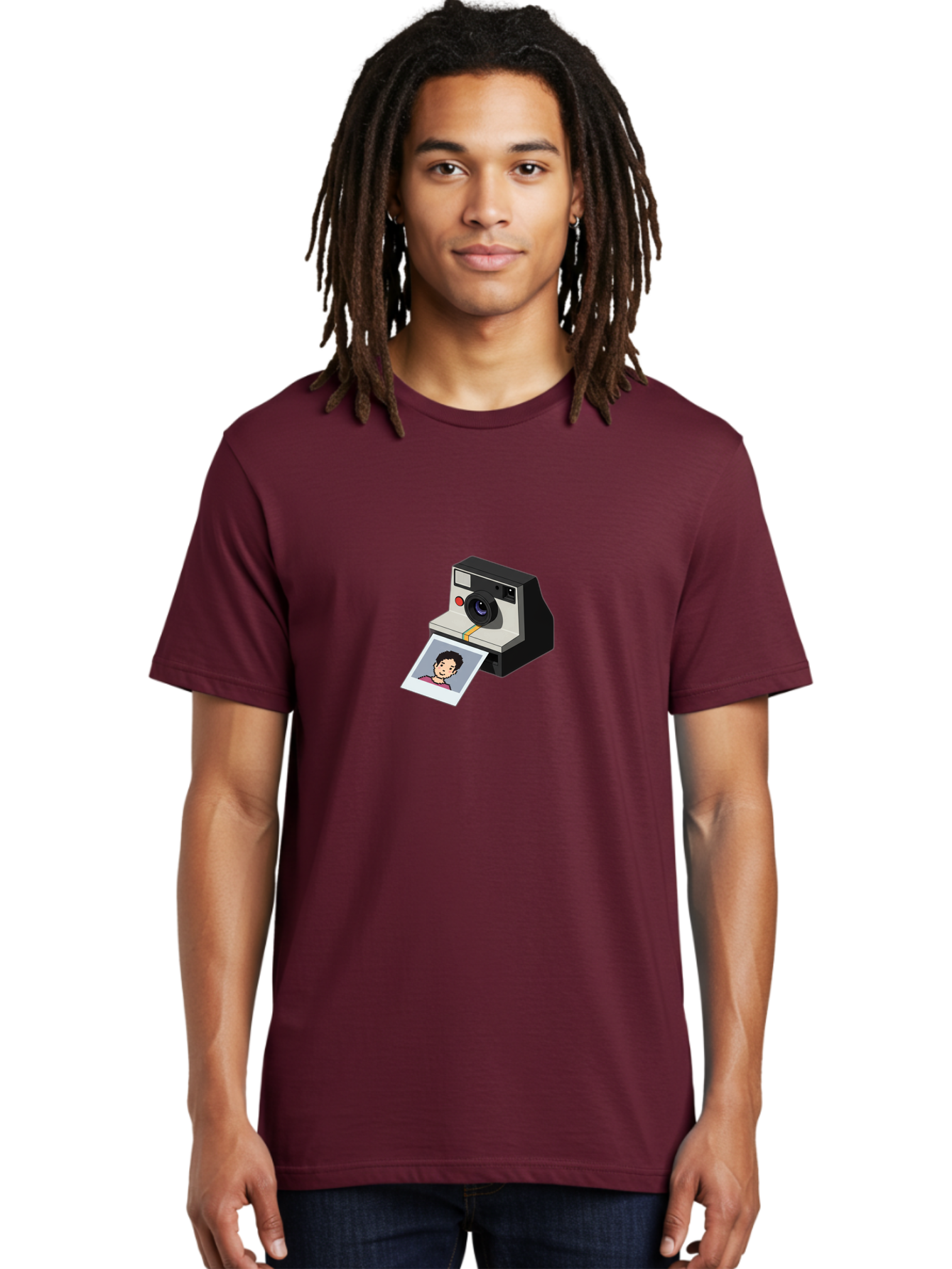 Polaroid-Camera-4 Men'S Graphic Tee, 100% Cotton, Comfortable Casual Summer Wear, Machine Washable, Polaroid Camera, Instant Photography, Retro Camera, Printed Photo, Smiling Man, Nostalgic Feel, Casual Portrait, Vintage Style Bae684