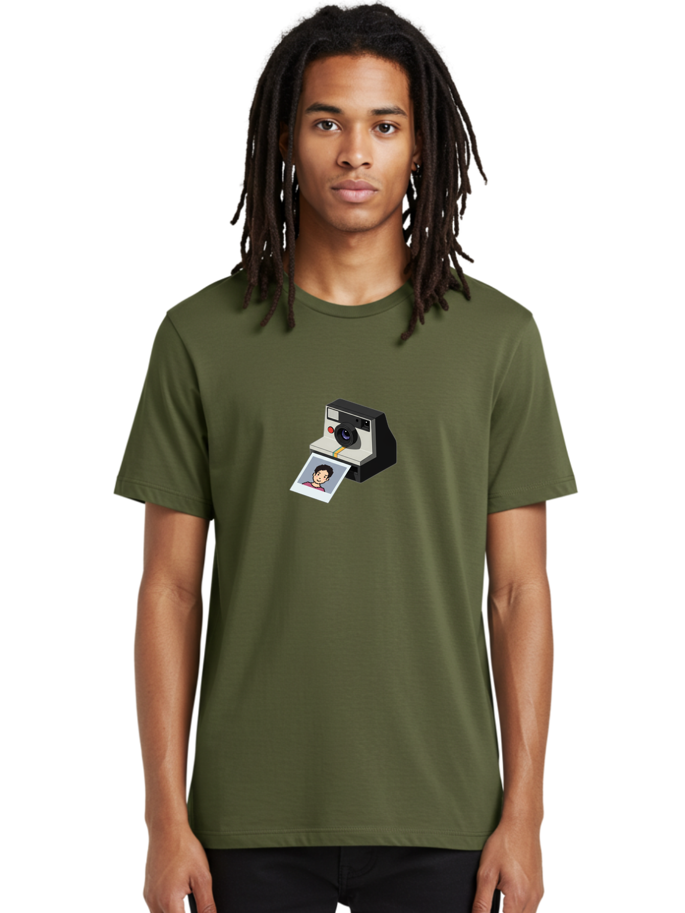 Polaroid-Camera-4 Men'S Graphic Tee, 100% Cotton, Comfortable Casual Summer Wear, Machine Washable, Polaroid Camera, Instant Photography, Retro Camera, Printed Photo, Smiling Man, Nostalgic Feel, Casual Portrait, Vintage Style Bae684