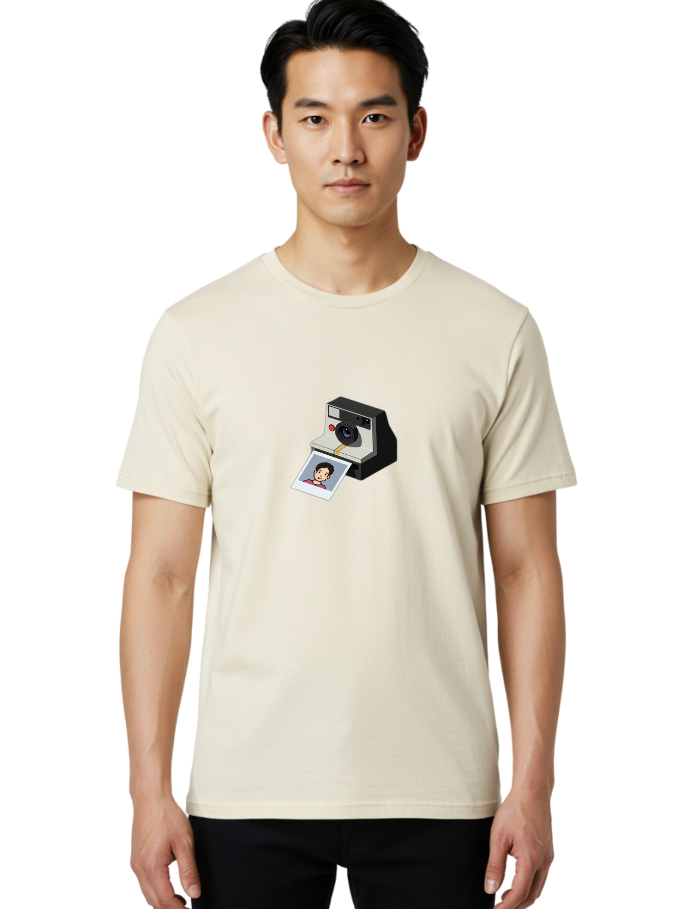 Polaroid-Camera-4 Men'S Graphic Tee, 100% Cotton, Comfortable Casual Summer Wear, Machine Washable, Polaroid Camera, Instant Photography, Retro Camera, Printed Photo, Smiling Man, Nostalgic Feel, Casual Portrait, Vintage Style Bae684
