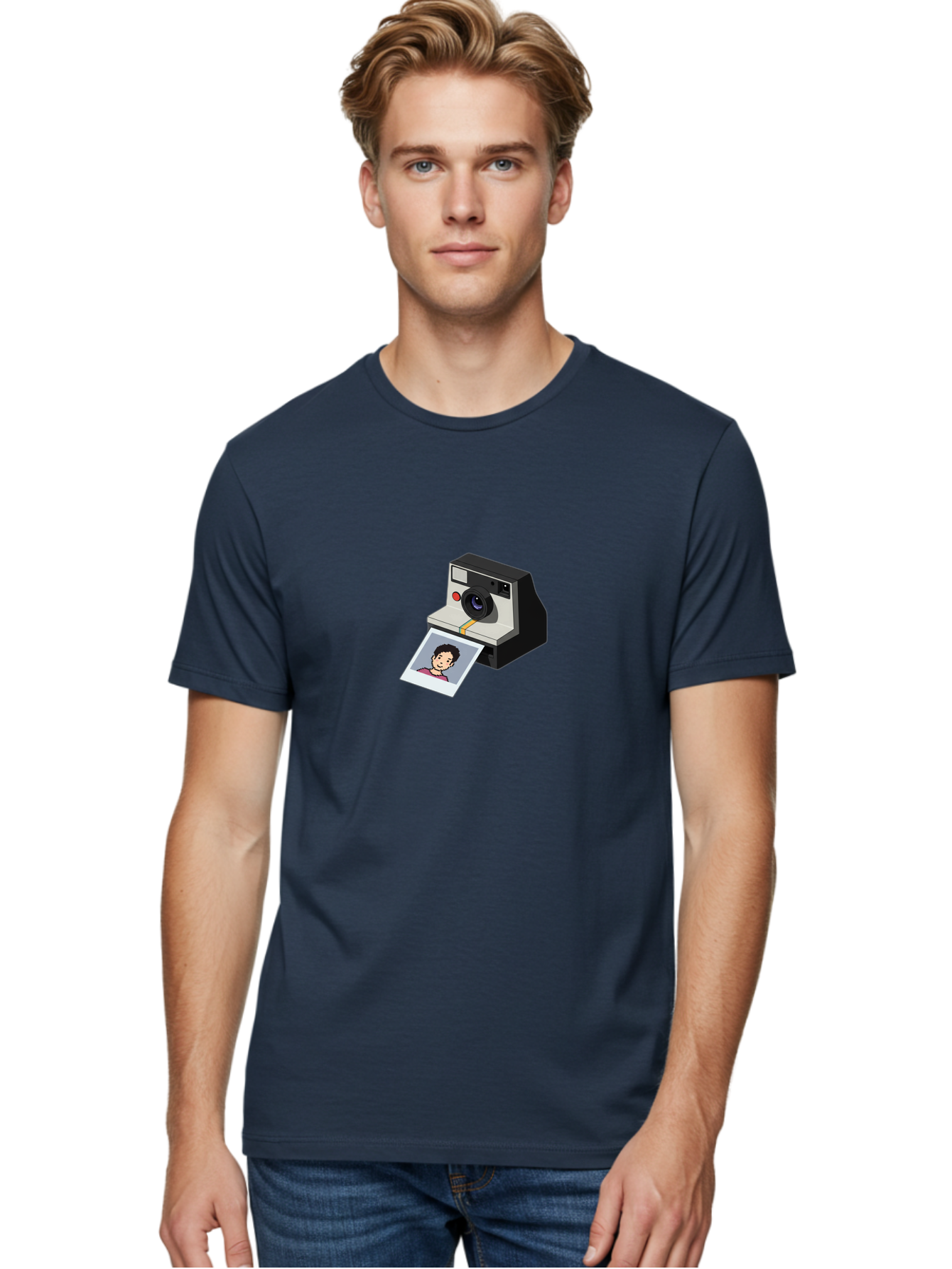 Polaroid-Camera-4 Men'S Graphic Tee, 100% Cotton, Comfortable Casual Summer Wear, Machine Washable, Polaroid Camera, Instant Photography, Retro Camera, Printed Photo, Smiling Man, Nostalgic Feel, Casual Portrait, Vintage Style Bae684