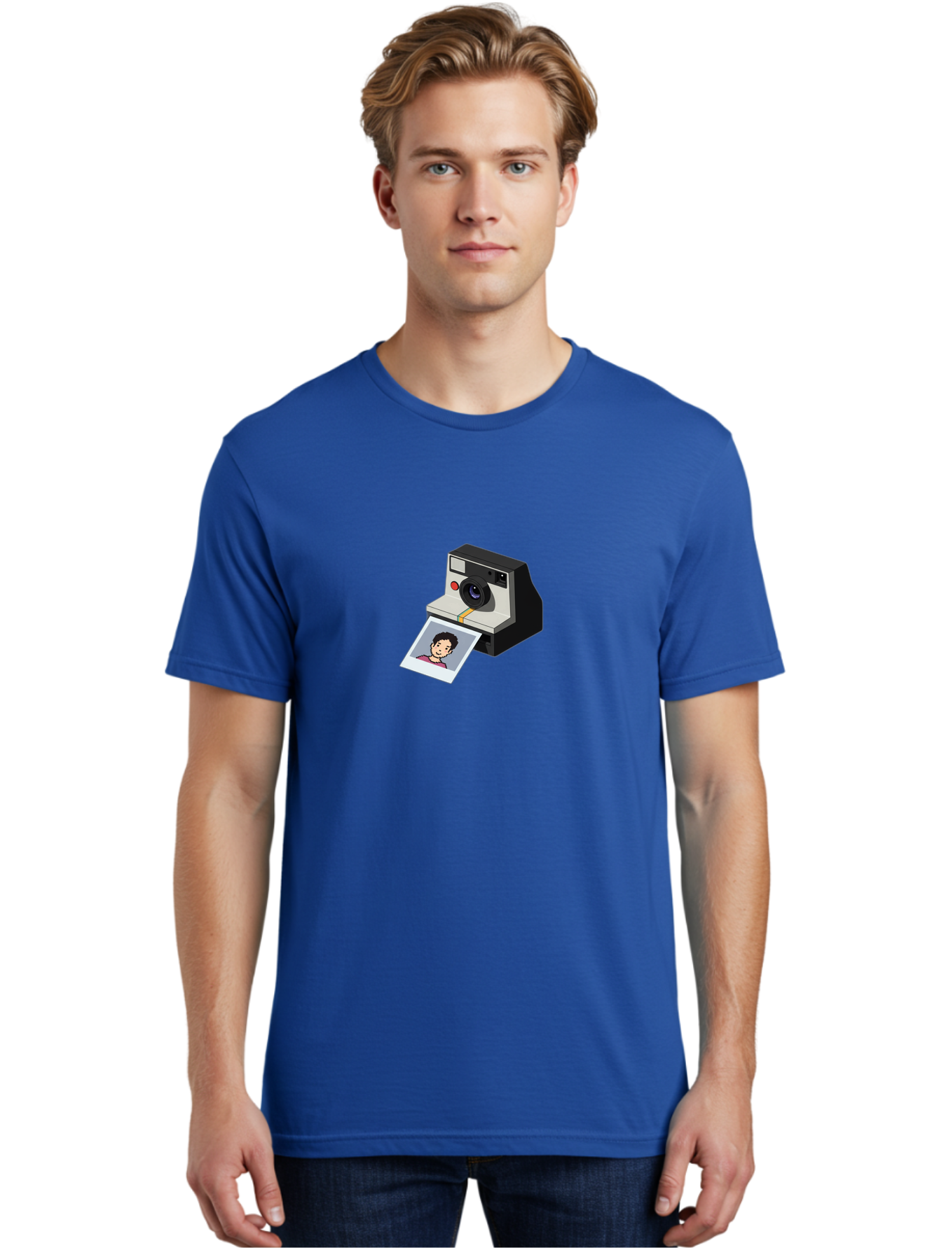 Polaroid-Camera-4 Men'S Graphic Tee, 100% Cotton, Comfortable Casual Summer Wear, Machine Washable, Polaroid Camera, Instant Photography, Retro Camera, Printed Photo, Smiling Man, Nostalgic Feel, Casual Portrait, Vintage Style Bae684