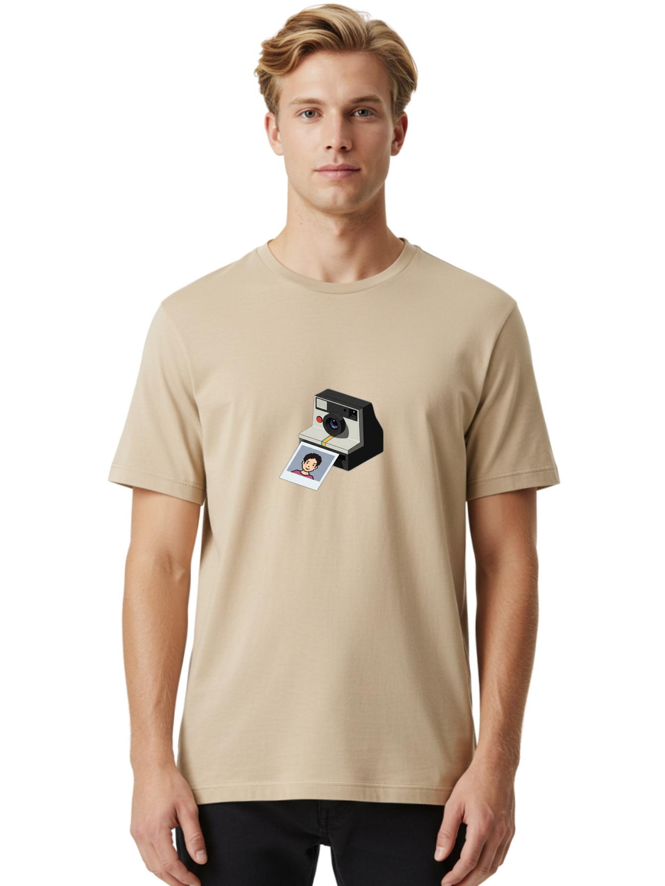 Polaroid-Camera-4 Men'S Graphic Tee, 100% Cotton, Comfortable Casual Summer Wear, Machine Washable, Polaroid Camera, Instant Photography, Retro Camera, Printed Photo, Smiling Man, Nostalgic Feel, Casual Portrait, Vintage Style Bae684