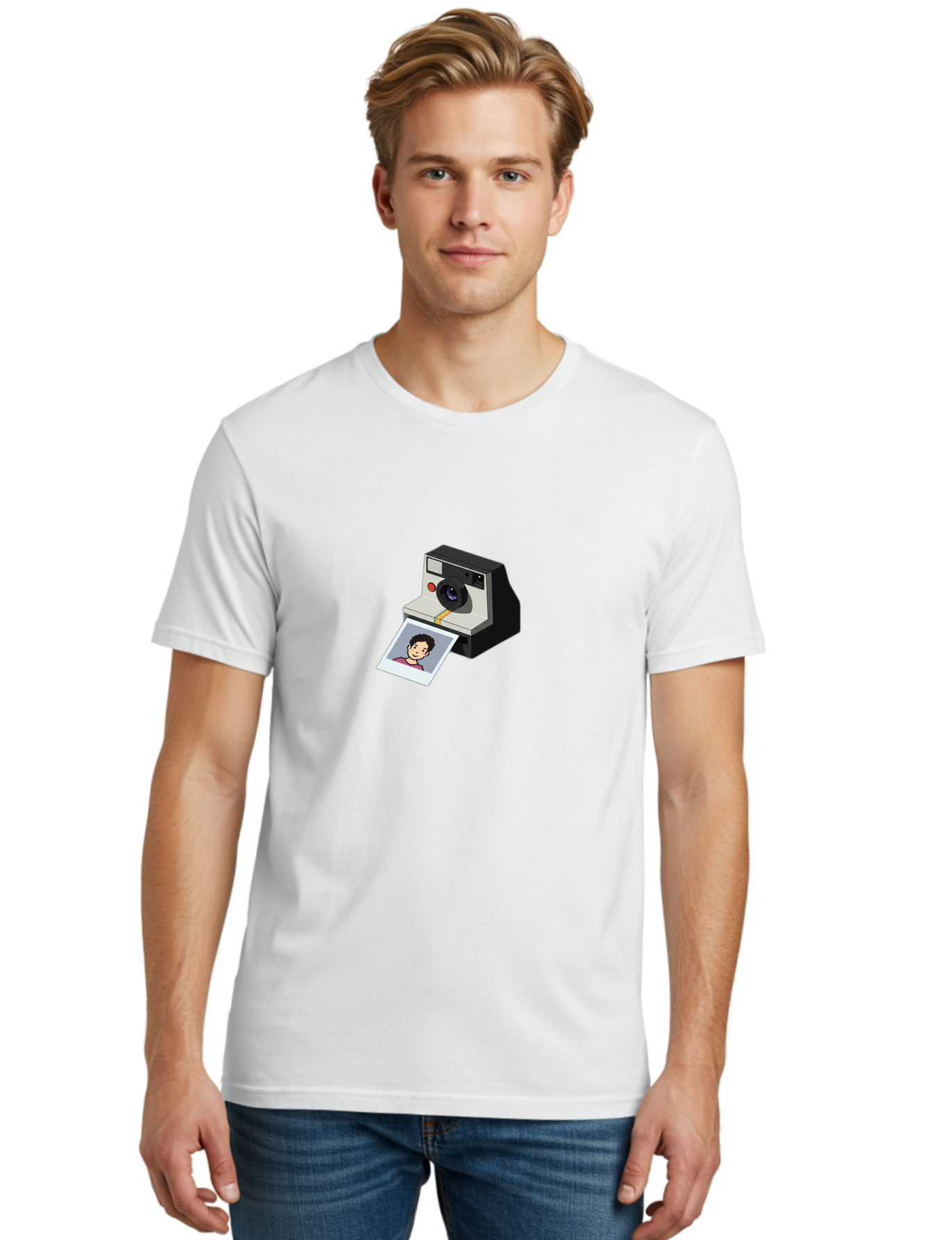 Polaroid-Camera-4 Men'S Graphic Tee, 100% Cotton, Comfortable Casual Summer Wear, Machine Washable, Polaroid Camera, Instant Photography, Retro Camera, Printed Photo, Smiling Man, Nostalgic Feel, Casual Portrait, Vintage Style Bae684
