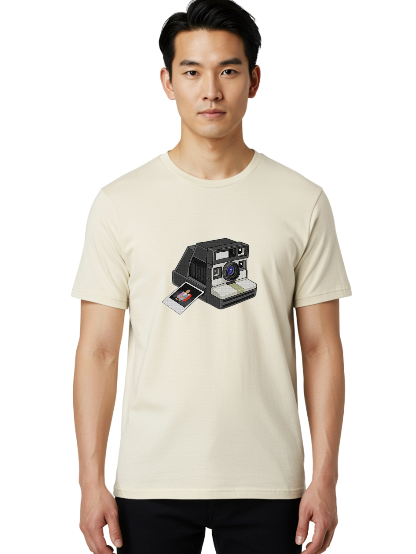 Polaroid-Camera-7 Men'S Graphic Tee, 100% Cotton, Comfortable Casual Summer Wear, Machine Washable, Polaroid Camera, Instant Photo, Nostalgic Technology, Retro Photography, Developed Picture, Square Format, Close-Up Shot, Digital Illustration Bae687