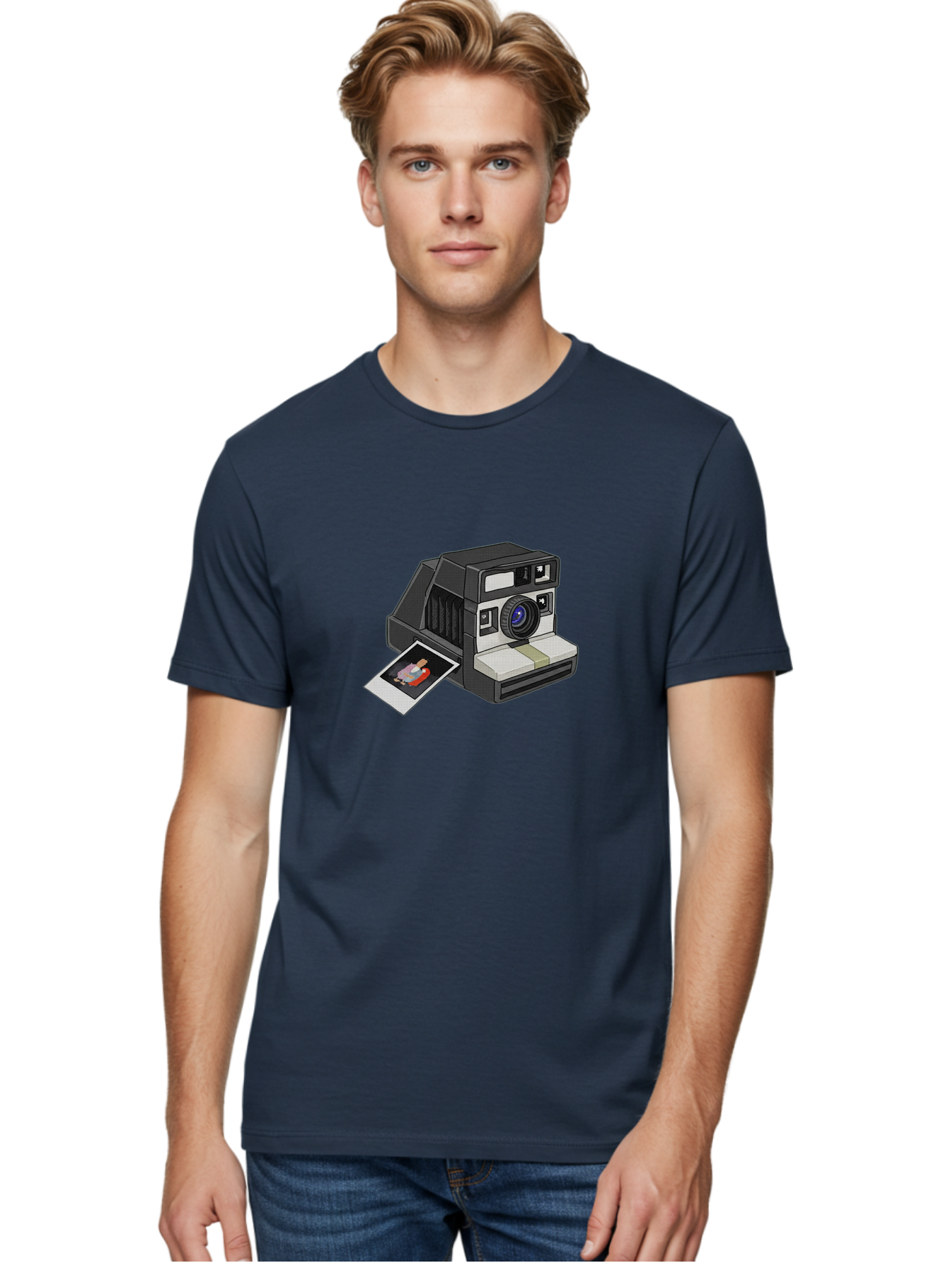 Polaroid-Camera-7 Men'S Graphic Tee, 100% Cotton, Comfortable Casual Summer Wear, Machine Washable, Polaroid Camera, Instant Photo, Nostalgic Technology, Retro Photography, Developed Picture, Square Format, Close-Up Shot, Digital Illustration Bae687