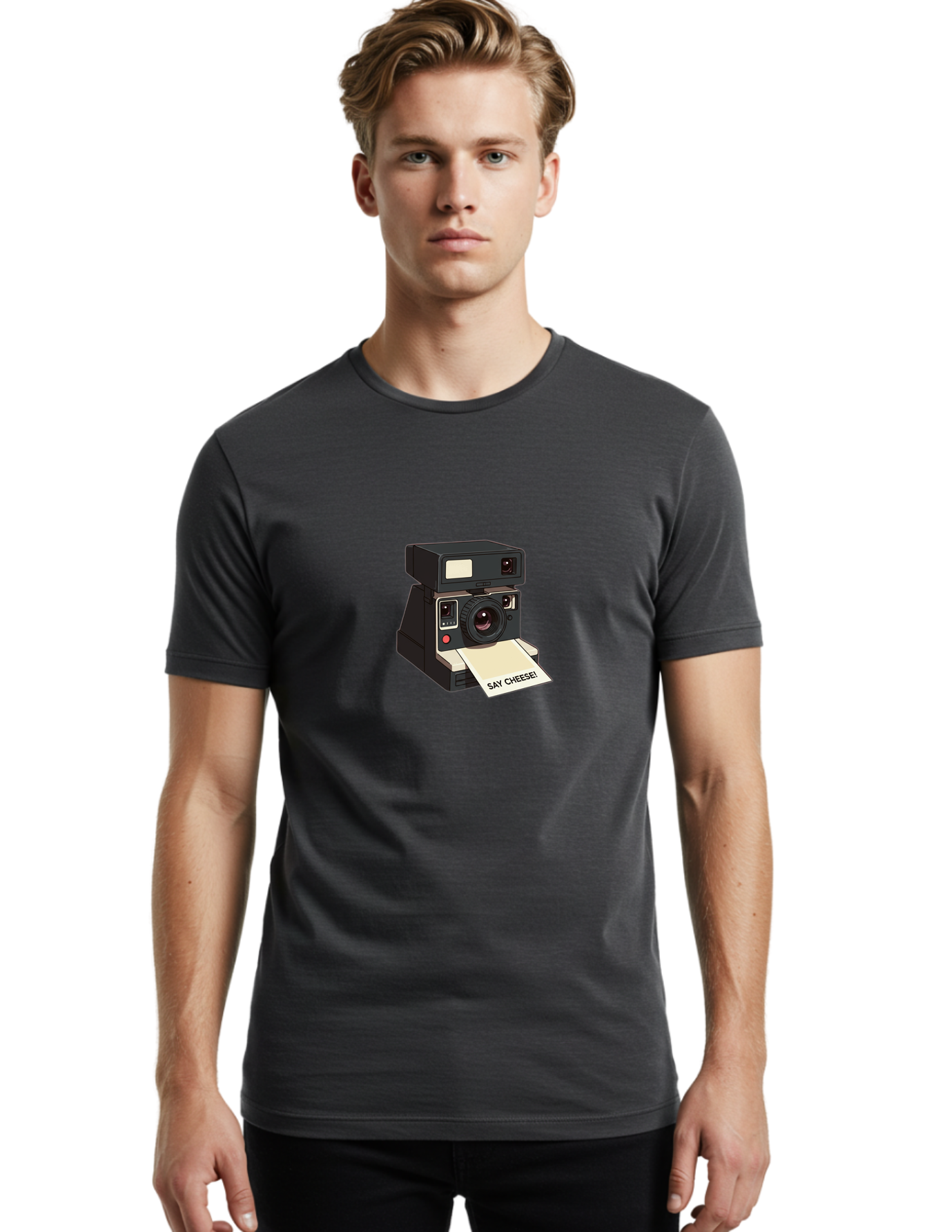 Polaroid-Camera Men'S Graphic Tee, 100% Cotton, Comfortable Casual Summer Wear, Machine Washable, Vintage Polaroid Camera, Instant Photography, Retro Style, Say Cheese Print, Nostalgic Feel, Photography Moment, Classic Design, Black Camera Bae690