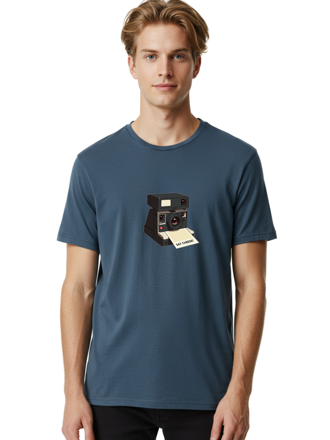 Polaroid-Camera Men'S Graphic Tee, 100% Cotton, Comfortable Casual Summer Wear, Machine Washable, Vintage Polaroid Camera, Instant Photography, Retro Style, Say Cheese Print, Nostalgic Feel, Photography Moment, Classic Design, Black Camera Bae690