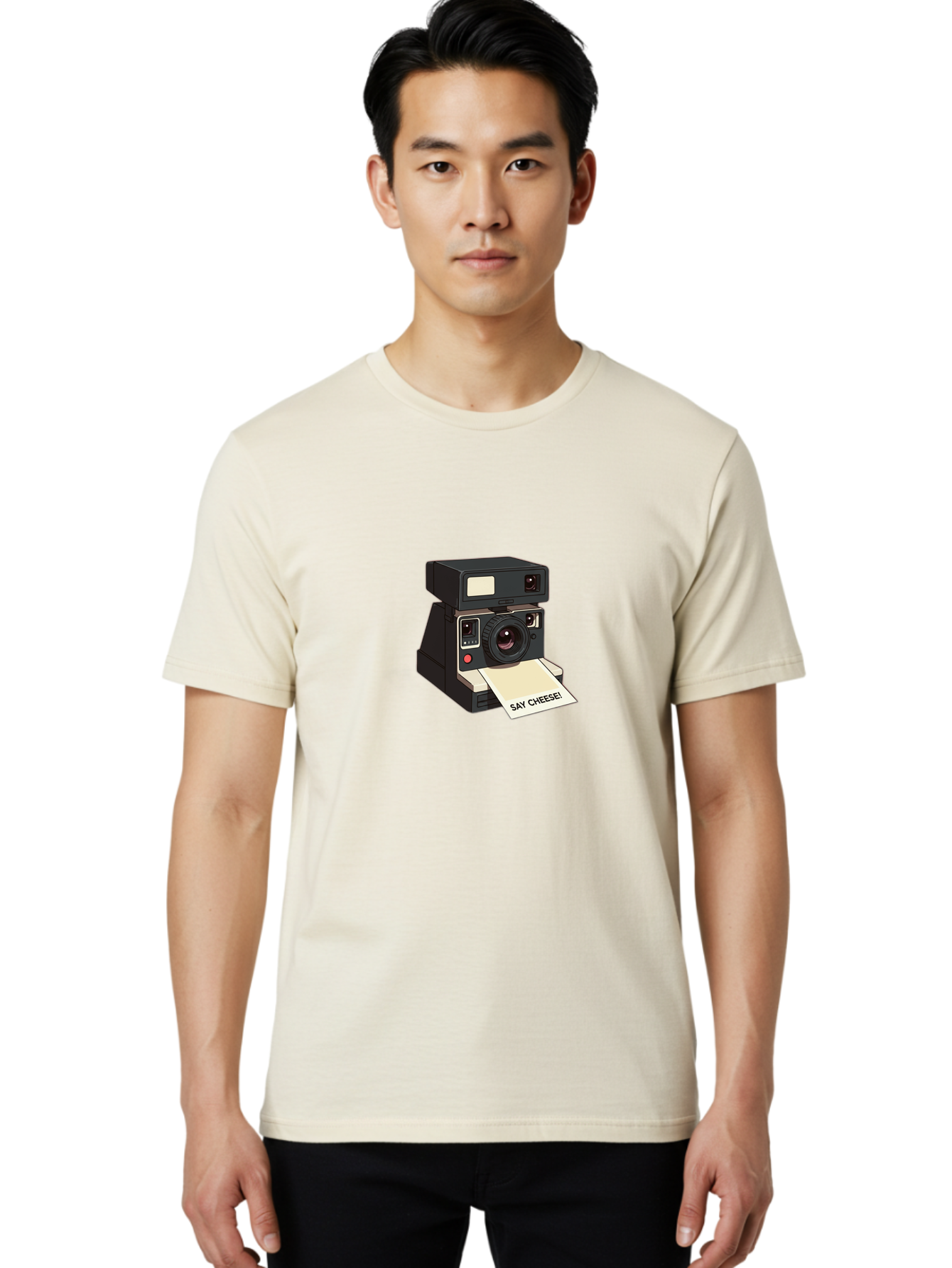 Polaroid-Camera Men'S Graphic Tee, 100% Cotton, Comfortable Casual Summer Wear, Machine Washable, Vintage Polaroid Camera, Instant Photography, Retro Style, Say Cheese Print, Nostalgic Feel, Photography Moment, Classic Design, Black Camera Bae690
