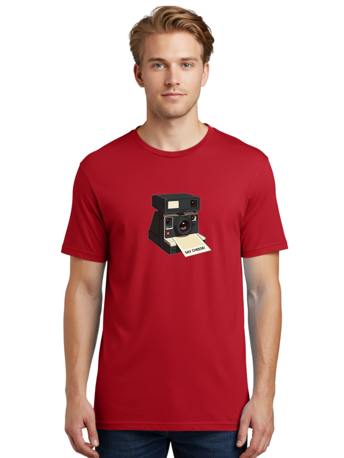 Polaroid-Camera Men'S Graphic Tee, 100% Cotton, Comfortable Casual Summer Wear, Machine Washable, Vintage Polaroid Camera, Instant Photography, Retro Style, Say Cheese Print, Nostalgic Feel, Photography Moment, Classic Design, Black Camera Bae690