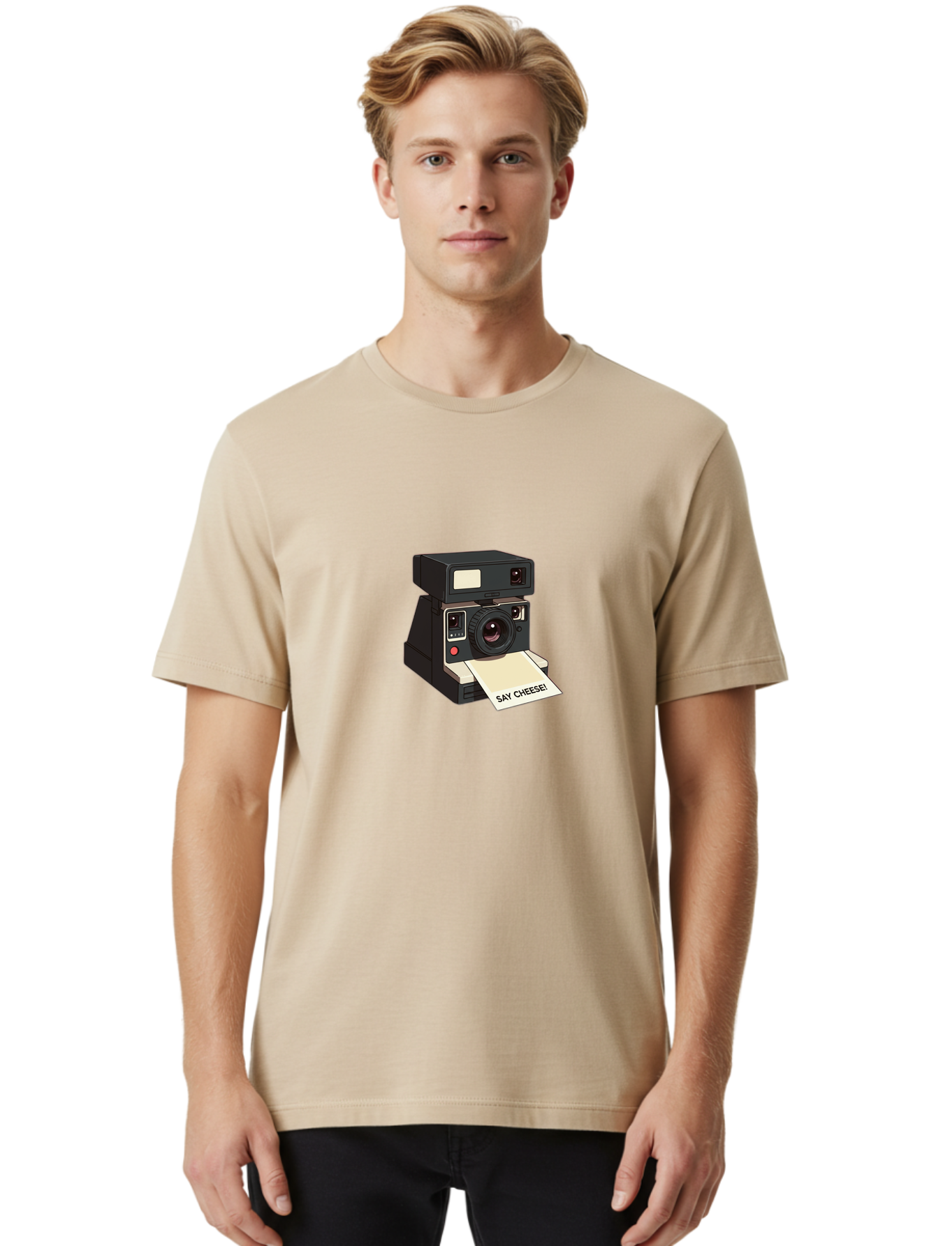 Polaroid-Camera Men'S Graphic Tee, 100% Cotton, Comfortable Casual Summer Wear, Machine Washable, Vintage Polaroid Camera, Instant Photography, Retro Style, Say Cheese Print, Nostalgic Feel, Photography Moment, Classic Design, Black Camera Bae690