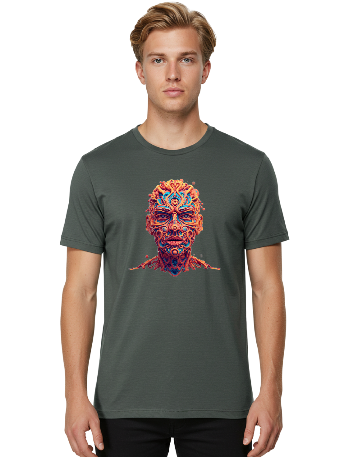 Psychedelic-Portrait Men'S Graphic Tee, 100% Cotton, Comfortable Casual Summer Wear, Machine Washable, Surreal Art, Psychedelic Patterns, Vibrant Colors, Abstract Design, Intricate Details, Futuristic Style, Vivid Imagery, Digital Art, Bae693