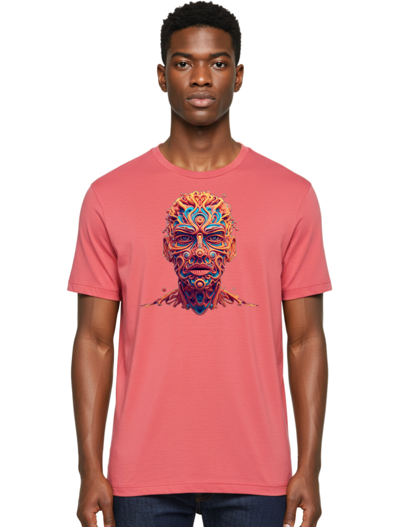 Psychedelic-Portrait Men'S Graphic Tee, 100% Cotton, Comfortable Casual Summer Wear, Machine Washable, Surreal Art, Psychedelic Patterns, Vibrant Colors, Abstract Design, Intricate Details, Futuristic Style, Vivid Imagery, Digital Art, Bae693