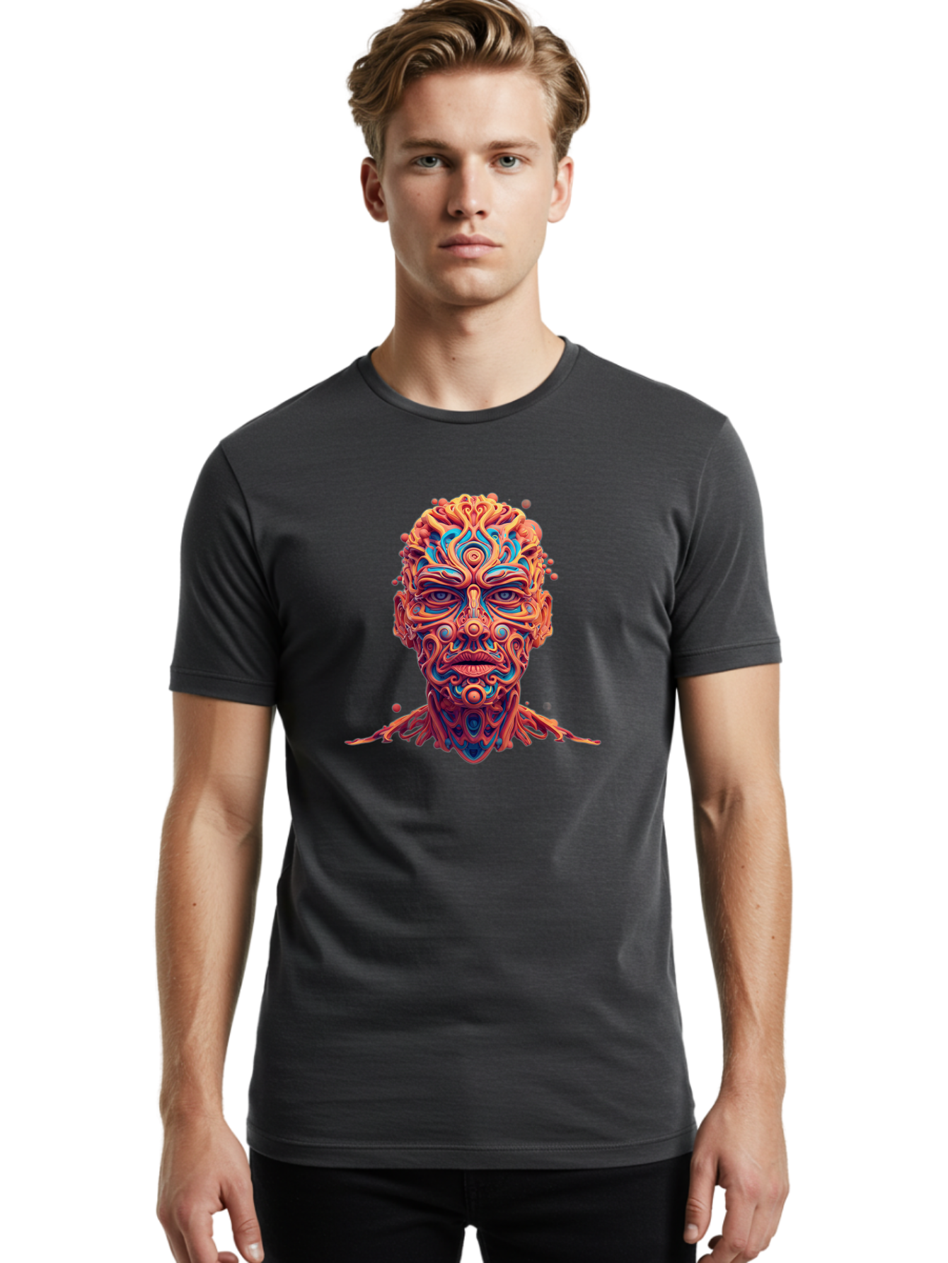 Psychedelic-Portrait Men'S Graphic Tee, 100% Cotton, Comfortable Casual Summer Wear, Machine Washable, Surreal Art, Psychedelic Patterns, Vibrant Colors, Abstract Design, Intricate Details, Futuristic Style, Vivid Imagery, Digital Art, Bae693