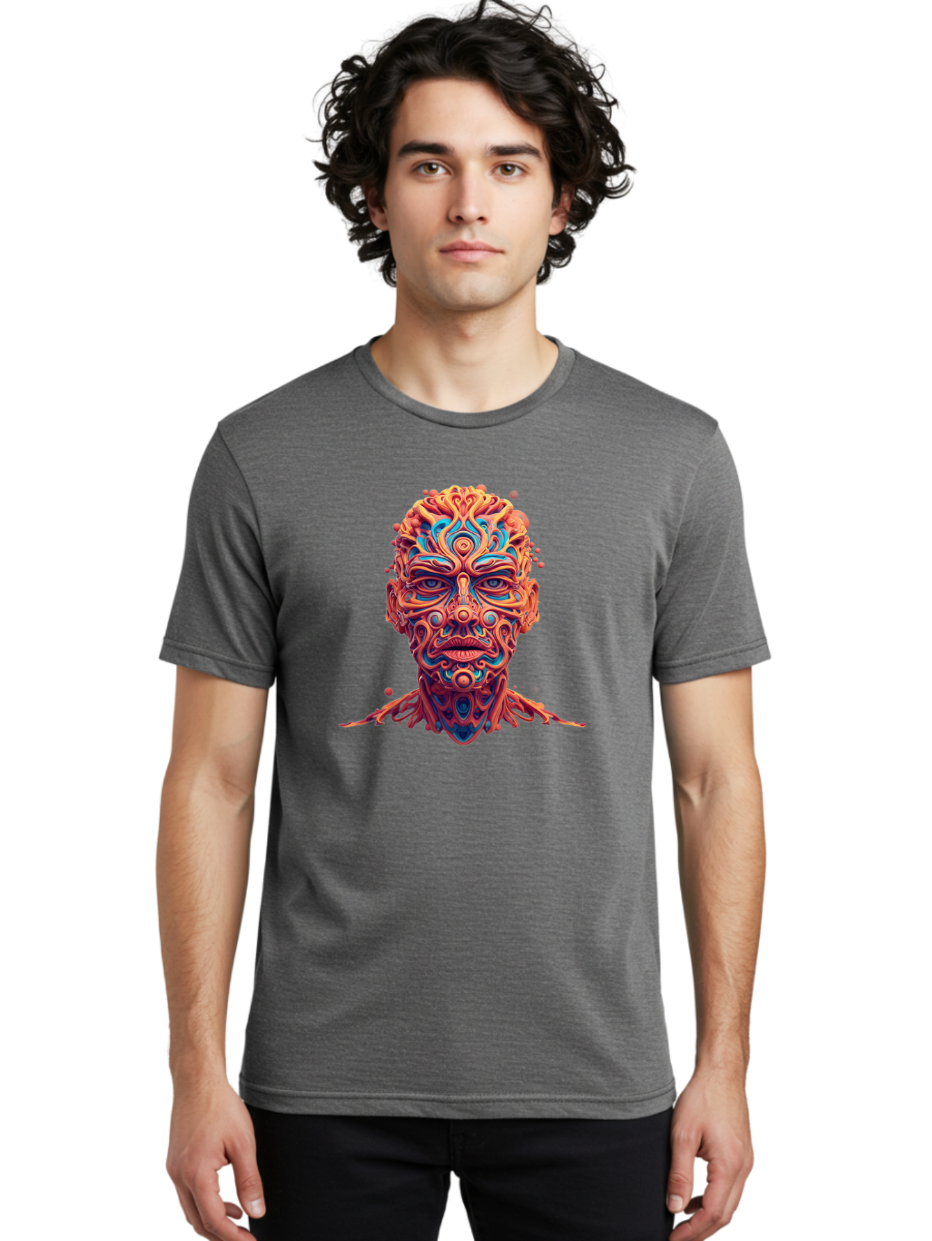 Psychedelic-Portrait Men'S Graphic Tee, 100% Cotton, Comfortable Casual Summer Wear, Machine Washable, Surreal Art, Psychedelic Patterns, Vibrant Colors, Abstract Design, Intricate Details, Futuristic Style, Vivid Imagery, Digital Art, Bae693
