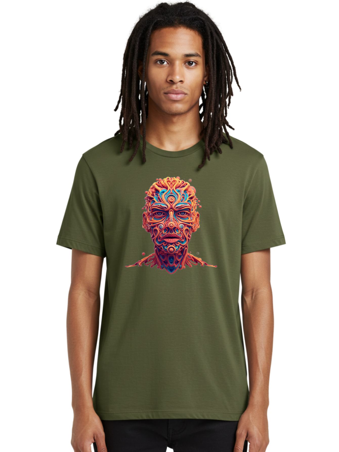 Psychedelic-Portrait Men'S Graphic Tee, 100% Cotton, Comfortable Casual Summer Wear, Machine Washable, Surreal Art, Psychedelic Patterns, Vibrant Colors, Abstract Design, Intricate Details, Futuristic Style, Vivid Imagery, Digital Art, Bae693