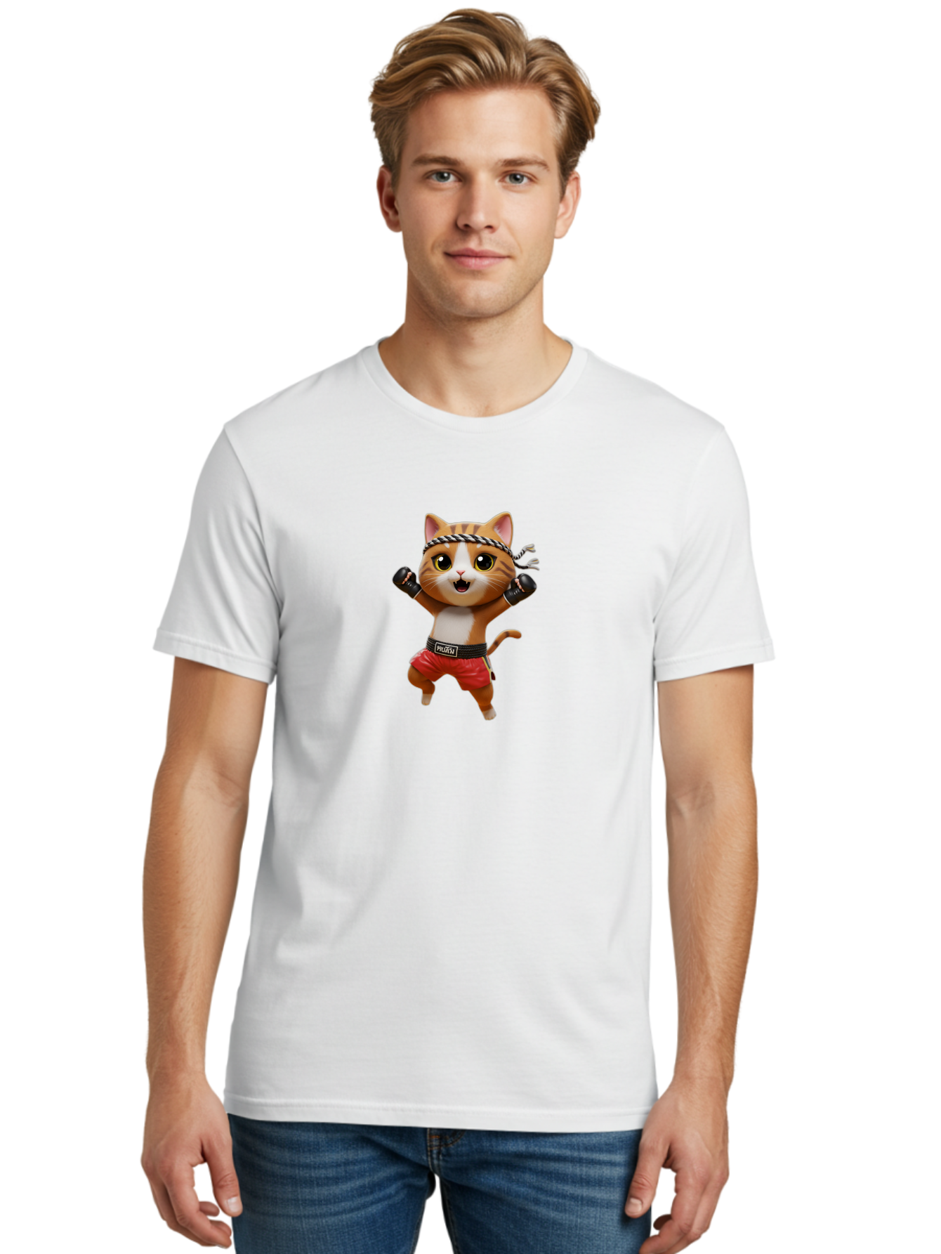 Puma-Cat Men'S Graphic Tee, 100% Cotton, Comfortable Casual Summer Wear, Machine Washable, Cartoon Cat In Boxing Attire, Pudim Belt, Boxing Gloves, Determined Expression, Funny Animal Character, Playful Design, Sports-Themed Illustration, Bae694