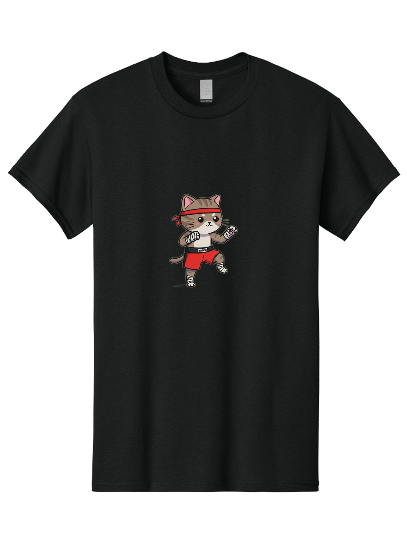 Punching-Cat Men'S Graphic Tee, 100% Cotton, Comfortable Casual Summer Wear, Machine Washable, Cartoon Cat, Martial Arts Pose, Red Headband, Red Shorts, White Bandages, Fighting Stance, Kitty Character, Cute Animal, Comic Style, Bae695