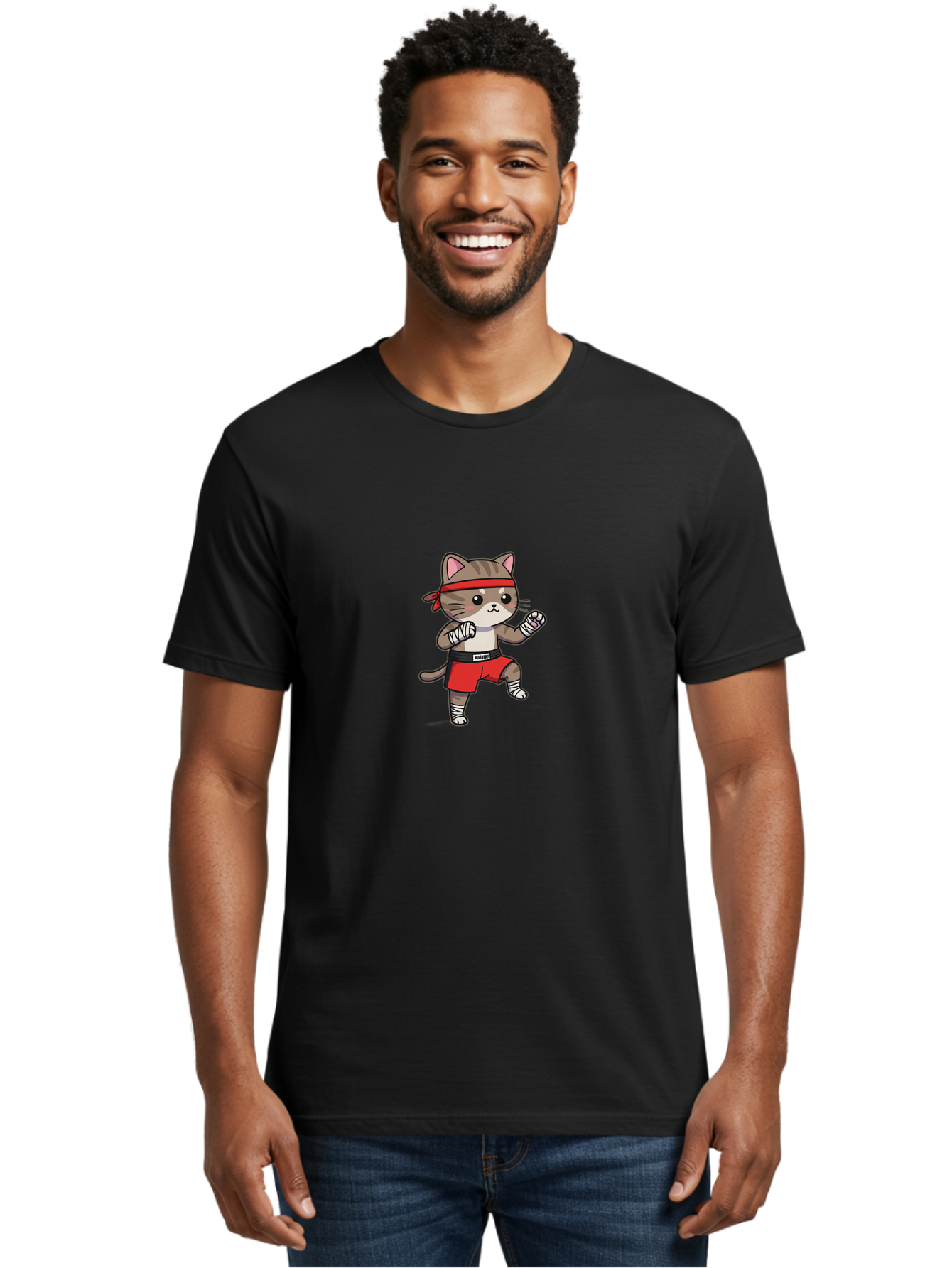 Punching-Cat Men'S Graphic Tee, 100% Cotton, Comfortable Casual Summer Wear, Machine Washable, Cartoon Cat, Martial Arts Pose, Red Headband, Red Shorts, White Bandages, Fighting Stance, Kitty Character, Cute Animal, Comic Style, Bae695