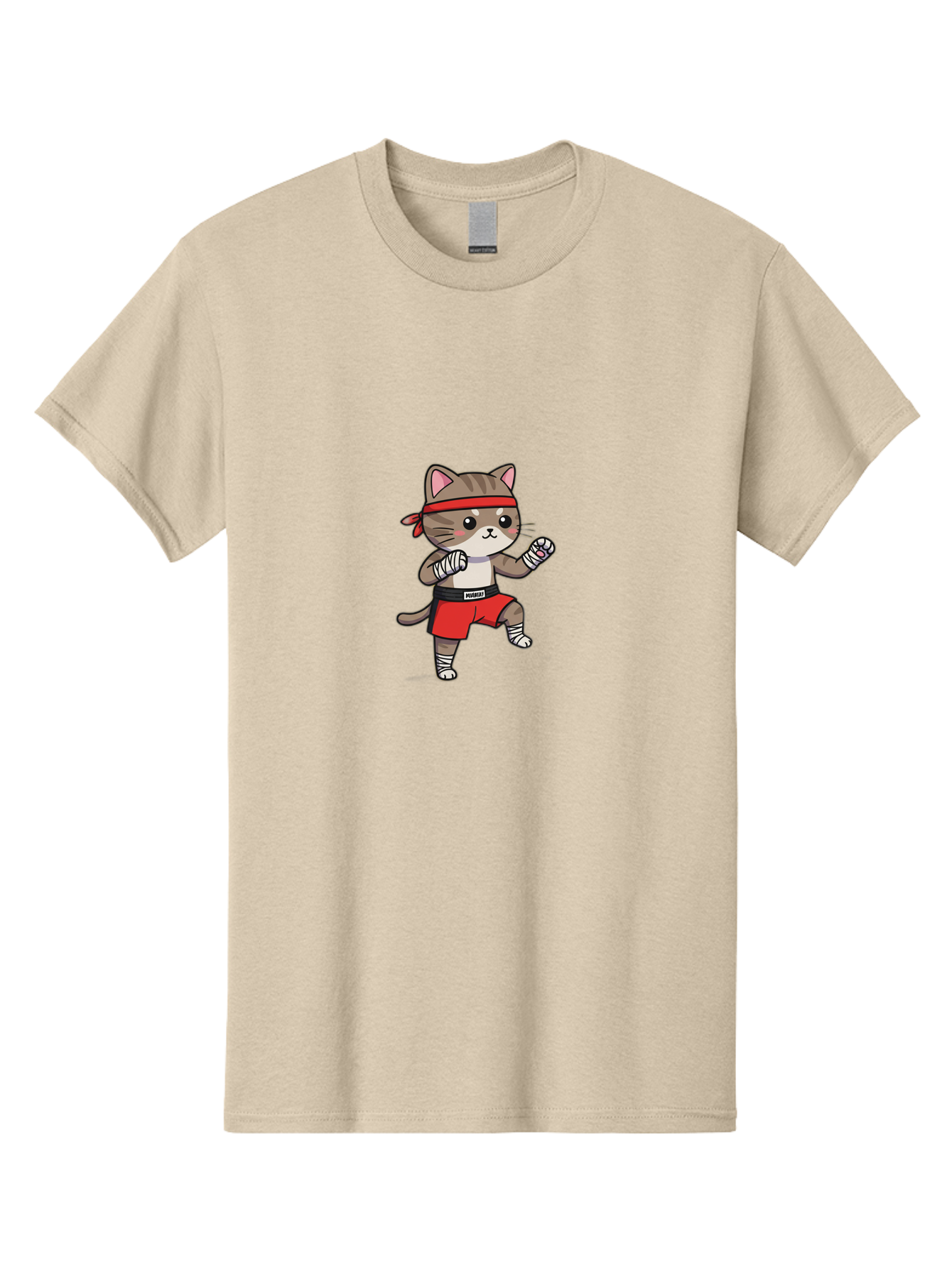 Punching-Cat Men'S Graphic Tee, 100% Cotton, Comfortable Casual Summer Wear, Machine Washable, Cartoon Cat, Martial Arts Pose, Red Headband, Red Shorts, White Bandages, Fighting Stance, Kitty Character, Cute Animal, Comic Style, Bae695