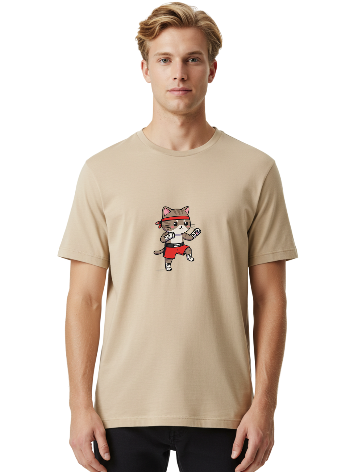 Punching-Cat Men'S Graphic Tee, 100% Cotton, Comfortable Casual Summer Wear, Machine Washable, Cartoon Cat, Martial Arts Pose, Red Headband, Red Shorts, White Bandages, Fighting Stance, Kitty Character, Cute Animal, Comic Style, Bae695