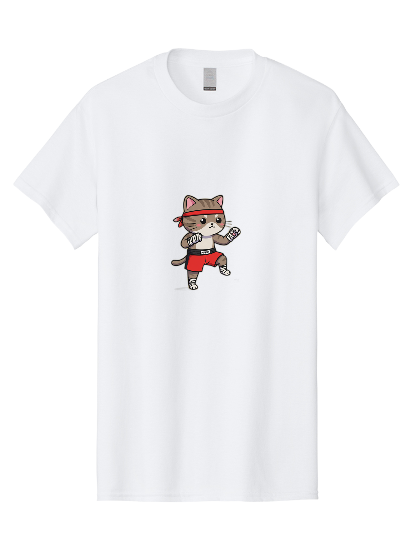 Punching-Cat Men'S Graphic Tee, 100% Cotton, Comfortable Casual Summer Wear, Machine Washable, Cartoon Cat, Martial Arts Pose, Red Headband, Red Shorts, White Bandages, Fighting Stance, Kitty Character, Cute Animal, Comic Style, Bae695