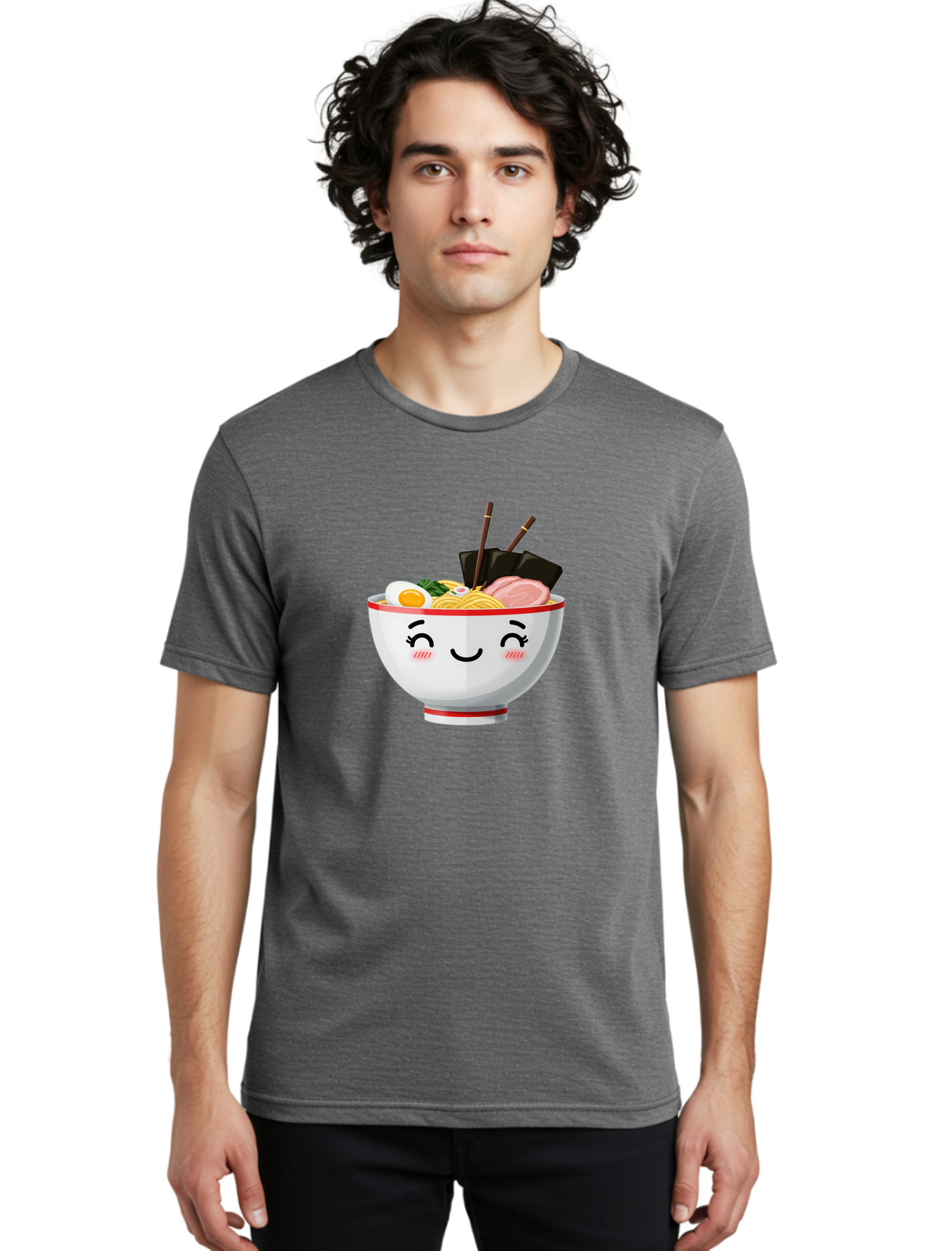 Ramen-1 Men'S Graphic Tee, 100% Cotton, Comfortable Casual Summer Wear, Machine Washable, Steaming Bowl Of Ramen, Savory Noodles, Boiled Egg, Sliced Pork, Seaweed, Chopsticks, Cute Cartoon Character, Japanese Cuisine, Food Illustration, Bae698